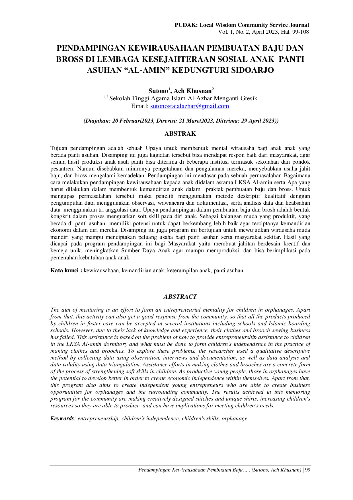 JURIS Pendampingan Kewirausahaan Pembuatan Baju Dan Bross Di Lembaga Kesejahteraan Sosial Anak Panti Asuhan Al Amin Kedungturi Sidoarjo