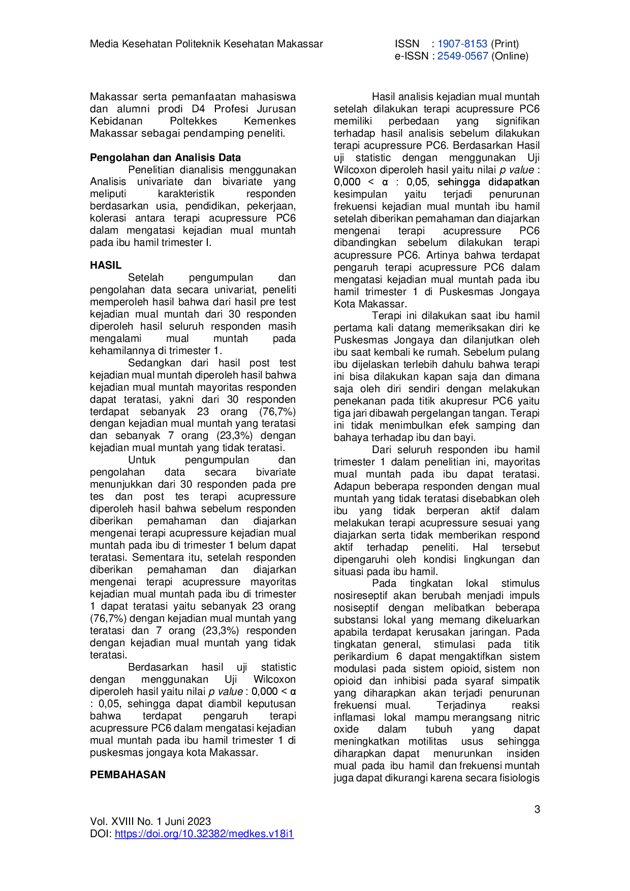 JURIS Pengaruh Terapi Acupressure PC6 Dalam Mengatasi Kejadian Mual Muntah Pada Ibu Hamil Trimester I Di Puskesmas Jongaya Kota Makassar