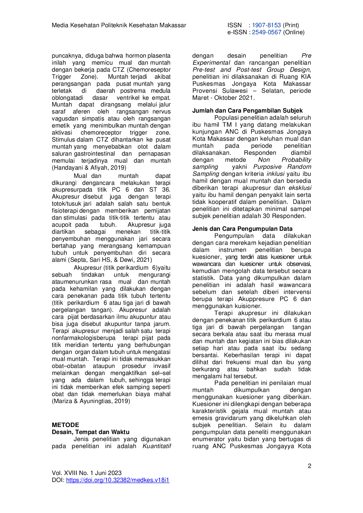 JURIS Pengaruh Terapi Acupressure PC6 Dalam Mengatasi Kejadian Mual Muntah Pada Ibu Hamil Trimester I Di Puskesmas Jongaya Kota Makassar