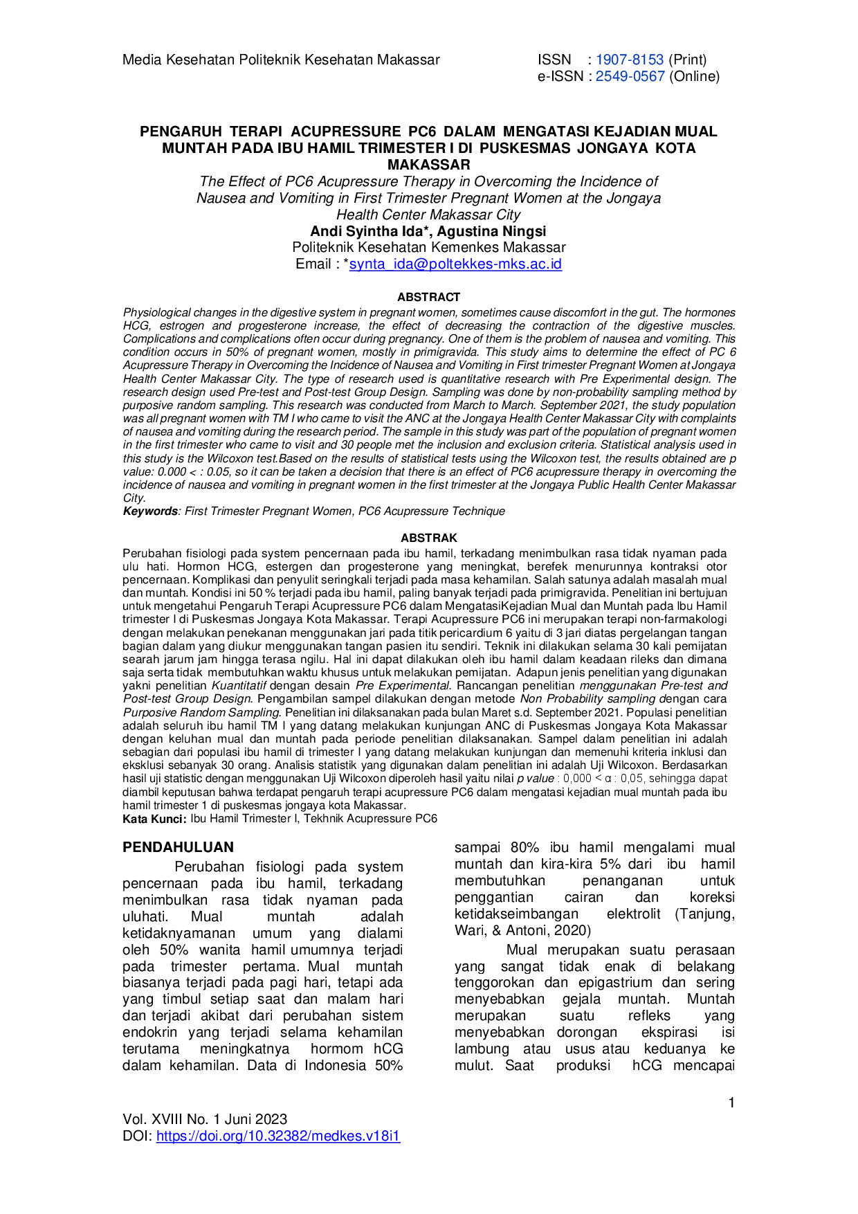 JURIS Pengaruh Terapi Acupressure PC6 Dalam Mengatasi Kejadian Mual Muntah Pada Ibu Hamil Trimester I Di Puskesmas Jongaya Kota Makassar