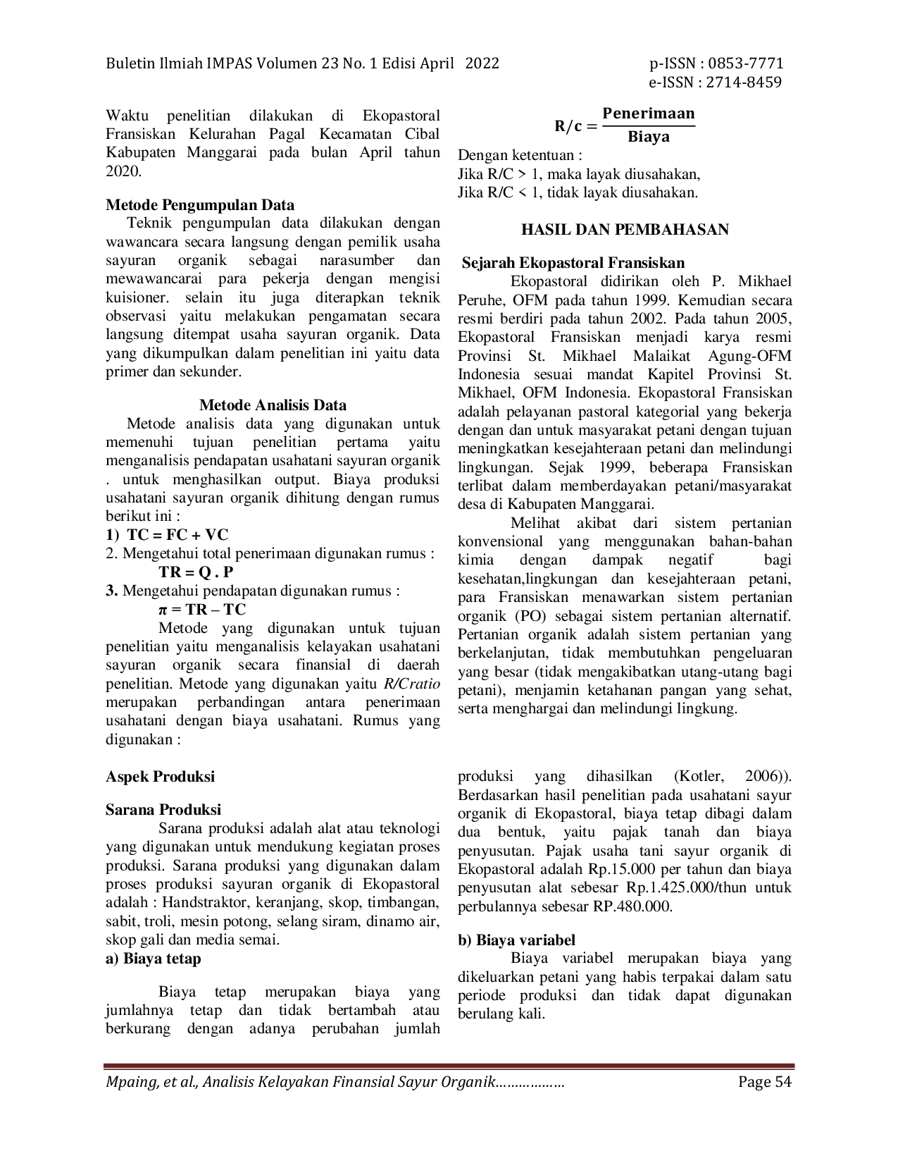 JURIS Analisis Kelayakan Finansial Sayuran Organik Di Ekopastoral Kelurahan Pagal Kecamatan Cibal Kabupaten Manggarai