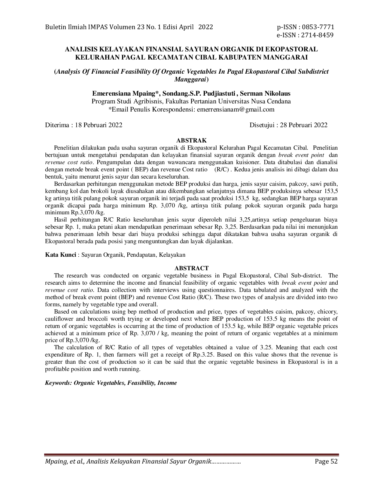 JURIS Analisis Kelayakan Finansial Sayuran Organik Di Ekopastoral Kelurahan Pagal Kecamatan Cibal Kabupaten Manggarai