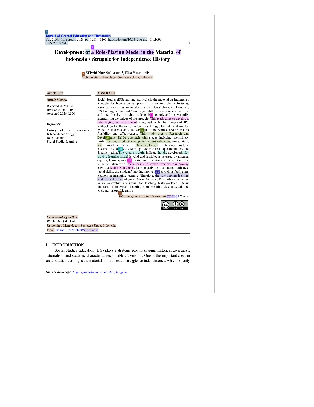 JURIS Development of a Role Playing Model in the Material of Indonesia s Struggle for Independence History