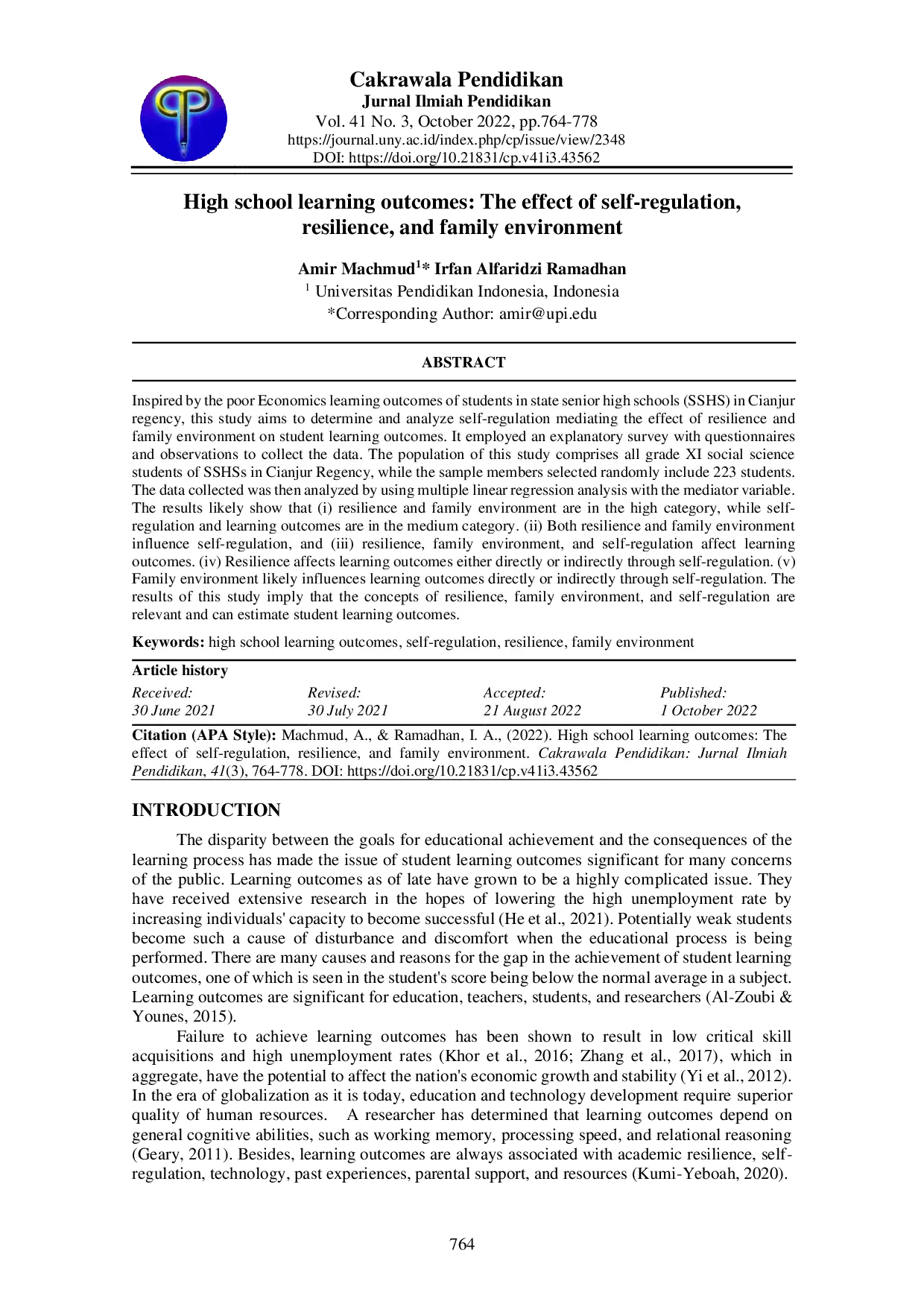 juris High school learning outcomes The effect of self regulation resilience and family environment
