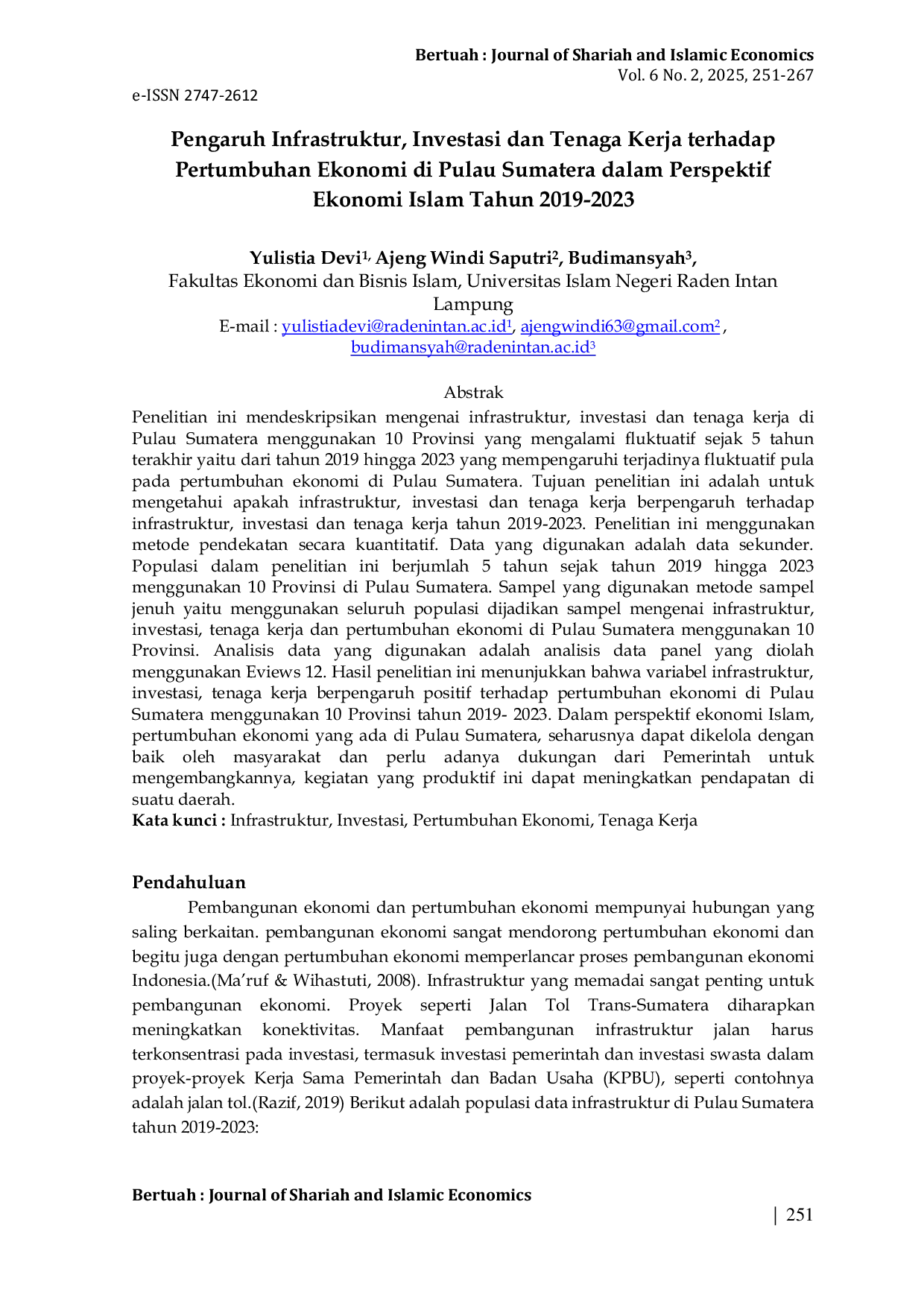 JURIS Pengaruh Infrastruktur Investasi dan Tenaga Kerja terhadap Pertumbuhan Ekonomi di Pulau Sumatera dalam Perspektif Ekonomi Islam Tahun 2019 2023