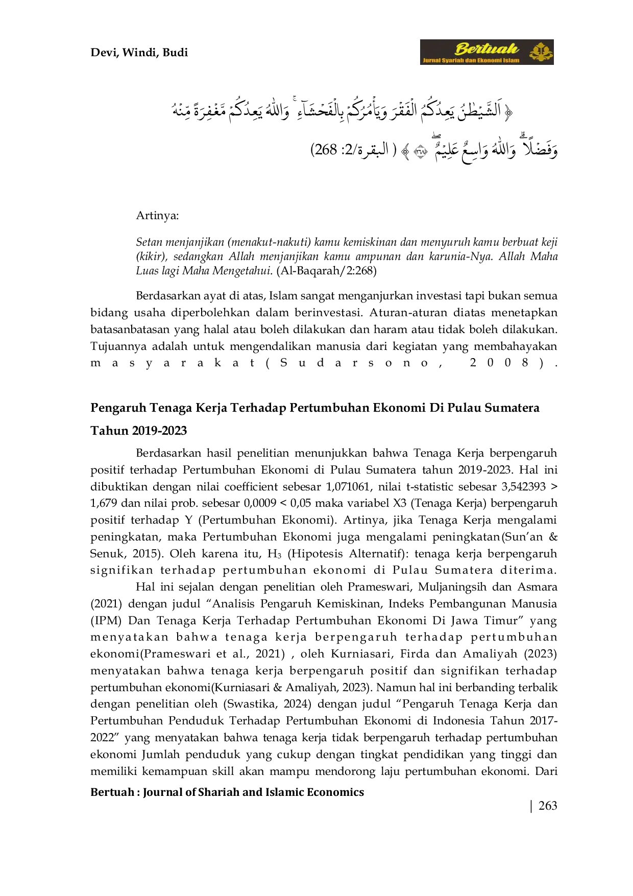 JURIS Pengaruh Infrastruktur Investasi dan Tenaga Kerja terhadap Pertumbuhan Ekonomi di Pulau Sumatera dalam Perspektif Ekonomi Islam Tahun 2019 2023