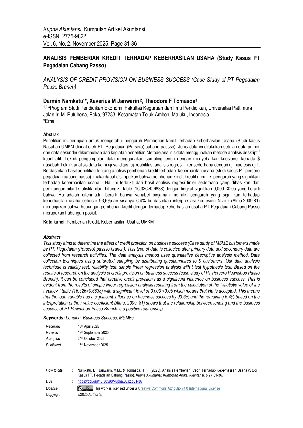 JURIS Analisis Pemberian Kredit Terhadap Keberhasilan Usaha Studi Kasus PT Pegadaian Cabang Passo