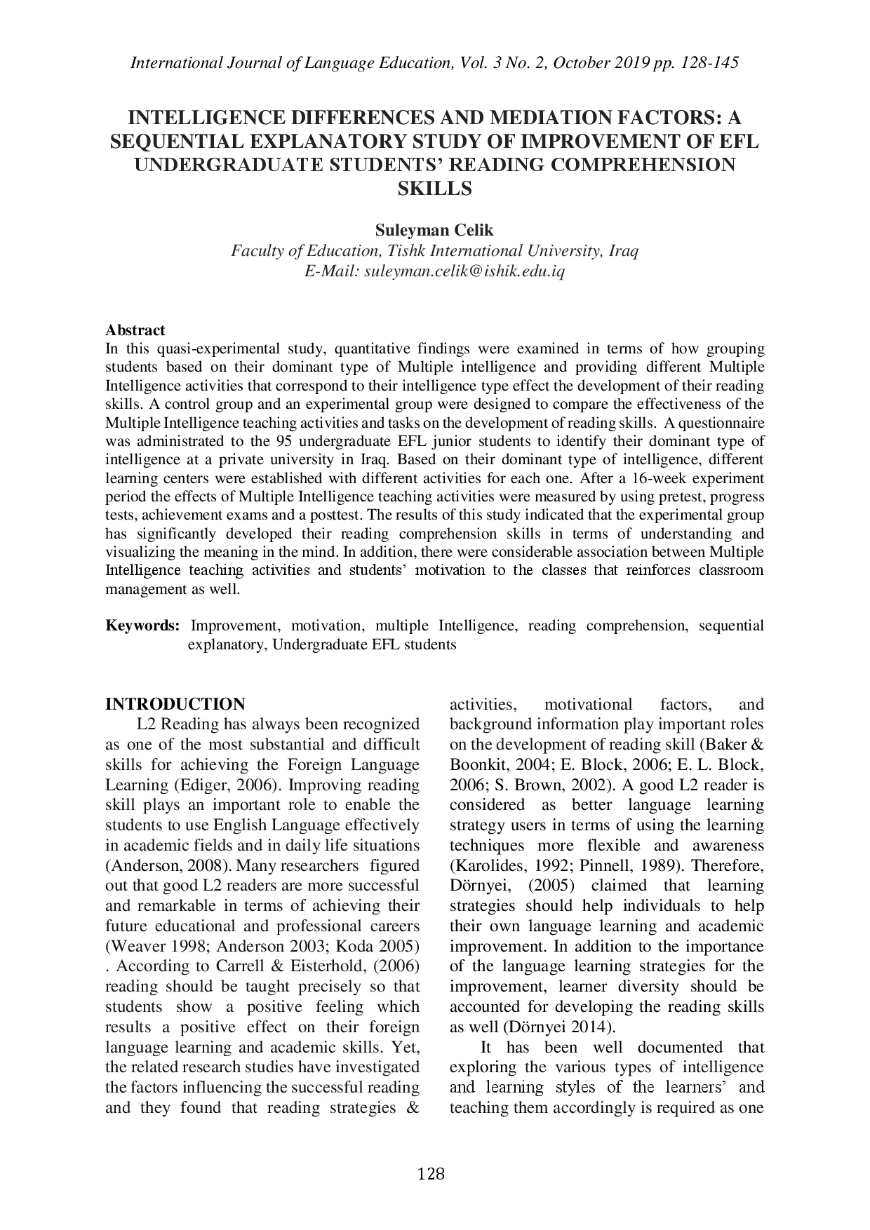 juris Intelligence Differences and Mediation Factors A Sequential Explanatory Study of Improvement of EFL Undergraduate Students Reading Comprehension Skills