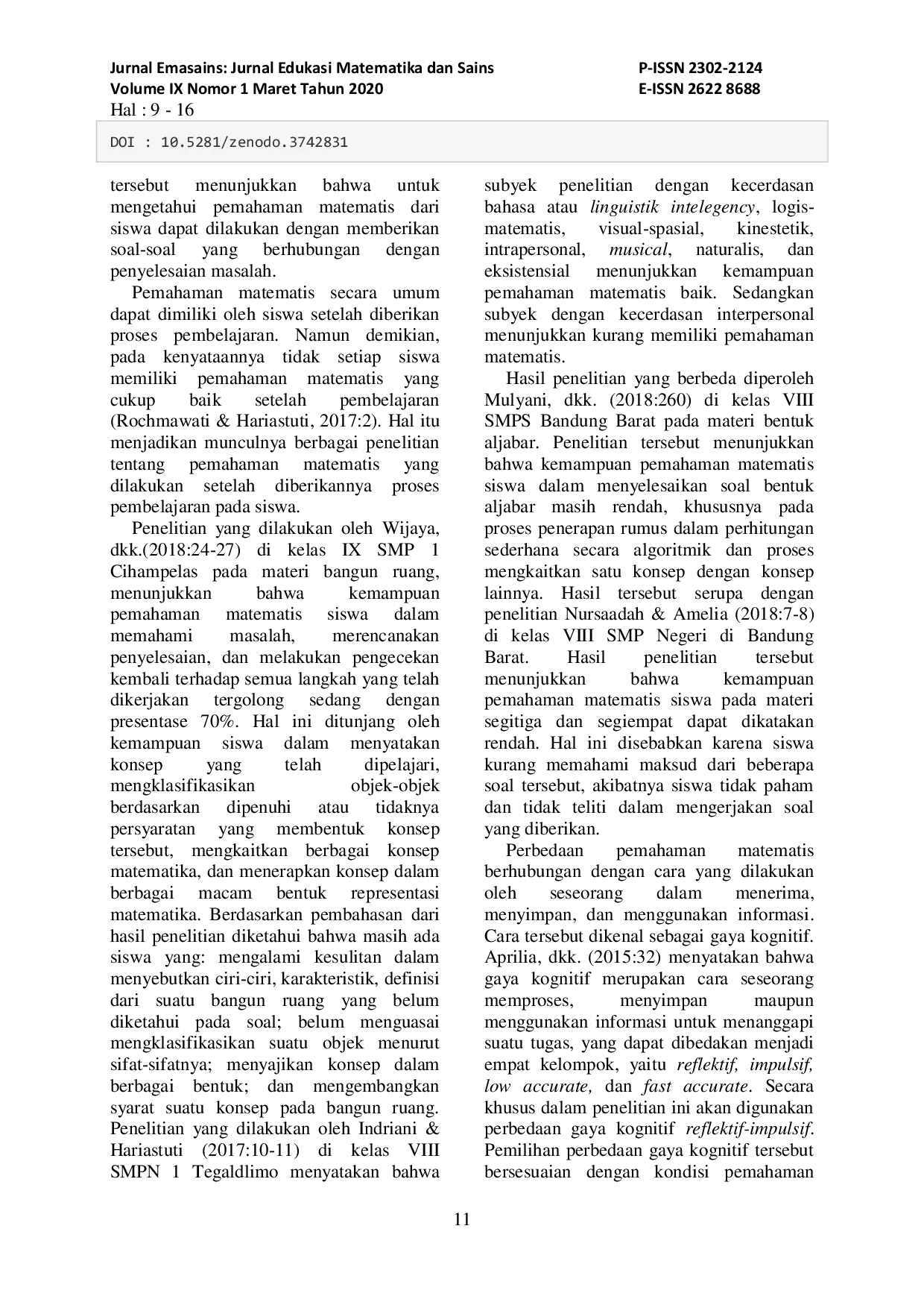 JURIS Analisis Pemahaman Matematis Siswa Ditinjau dari Gaya Kognitif Reflektif Impulsif
