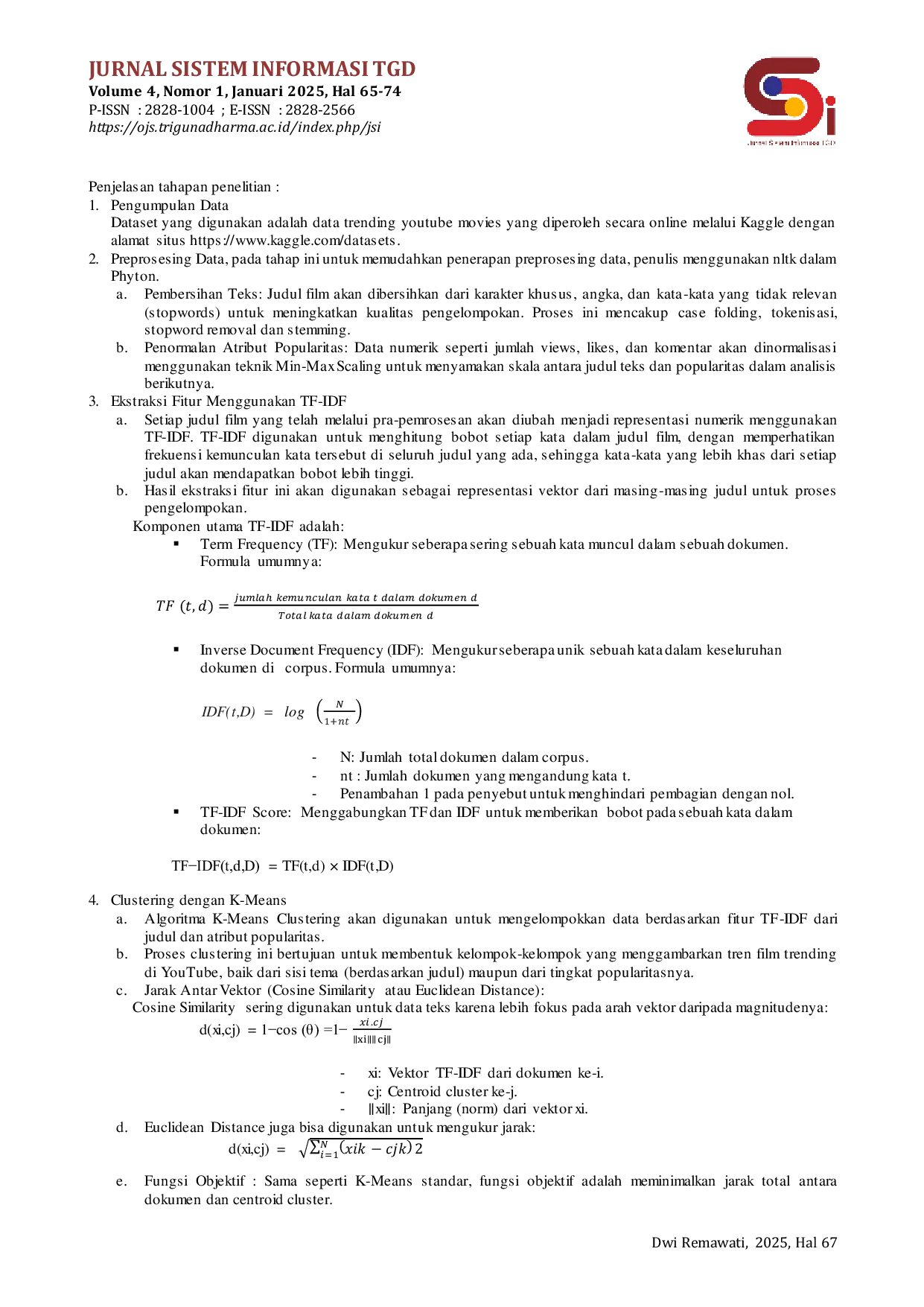 JURIS Pengelompokkan Film Trending di Youtube Menggunakan TF IDF dan K Means Clastering