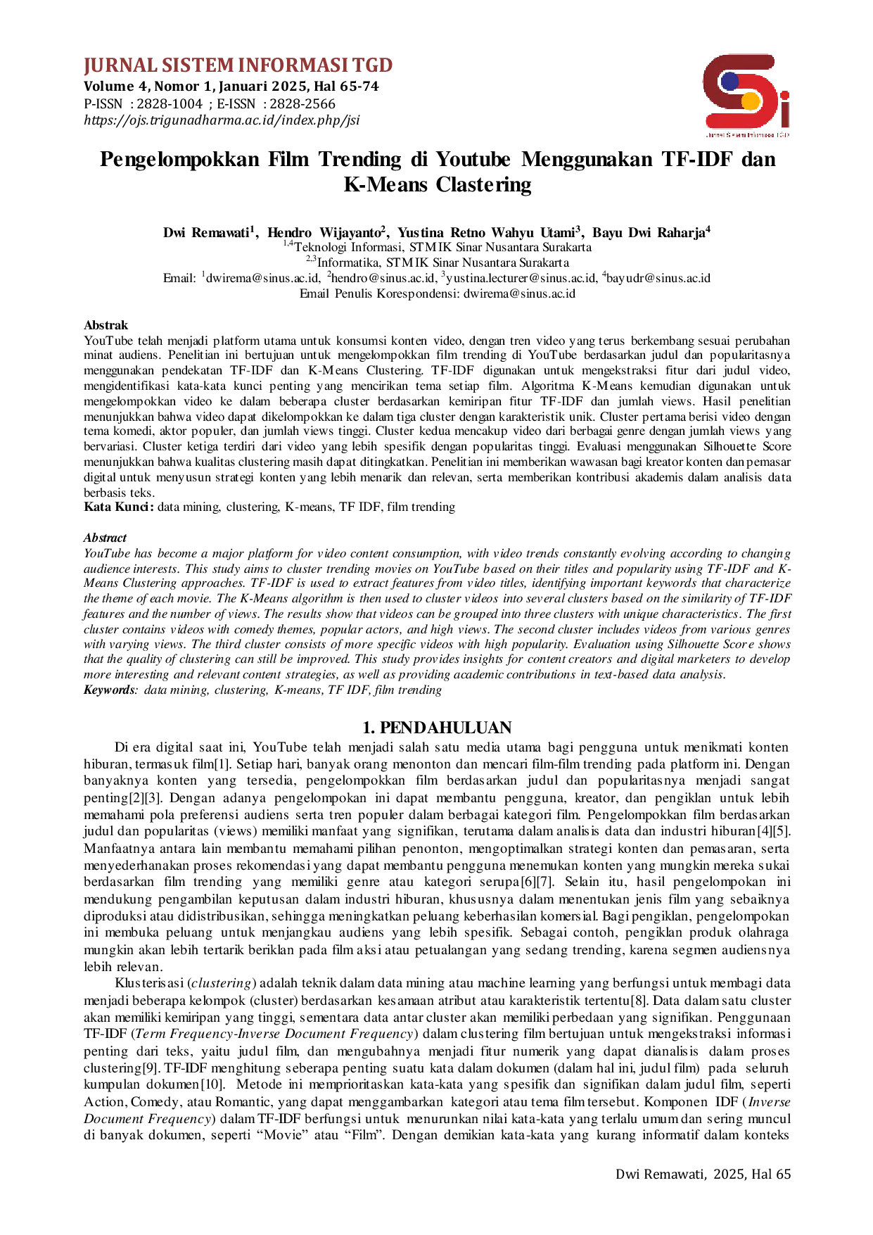 JURIS Pengelompokkan Film Trending di Youtube Menggunakan TF IDF dan K Means Clastering
