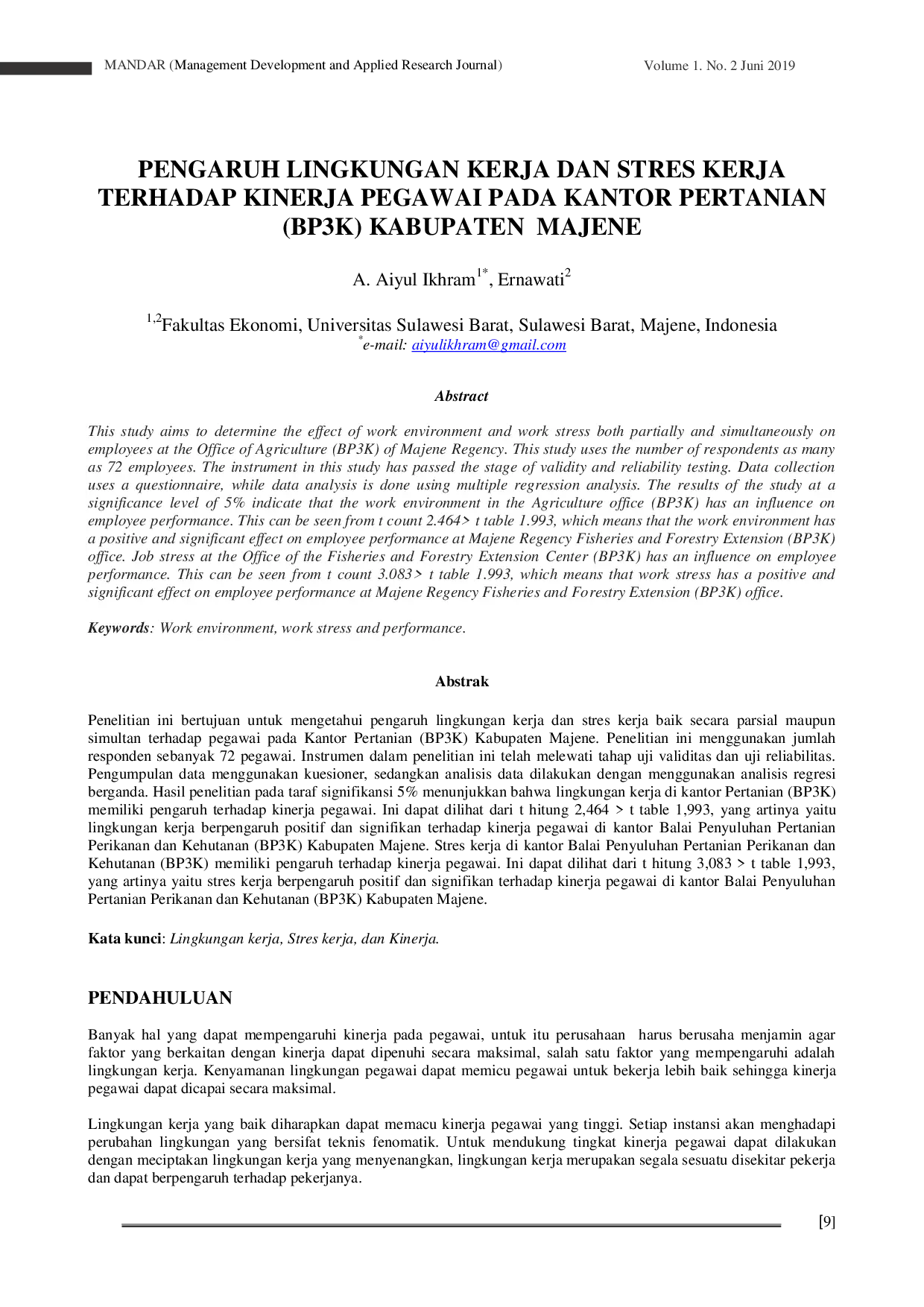 JURIS Pengaruh Lingkungan Kerja dan Stres Kerja Terhadap Kinerja Pegawai pada Kantor Pertanian BP3K Kabupaten Majene