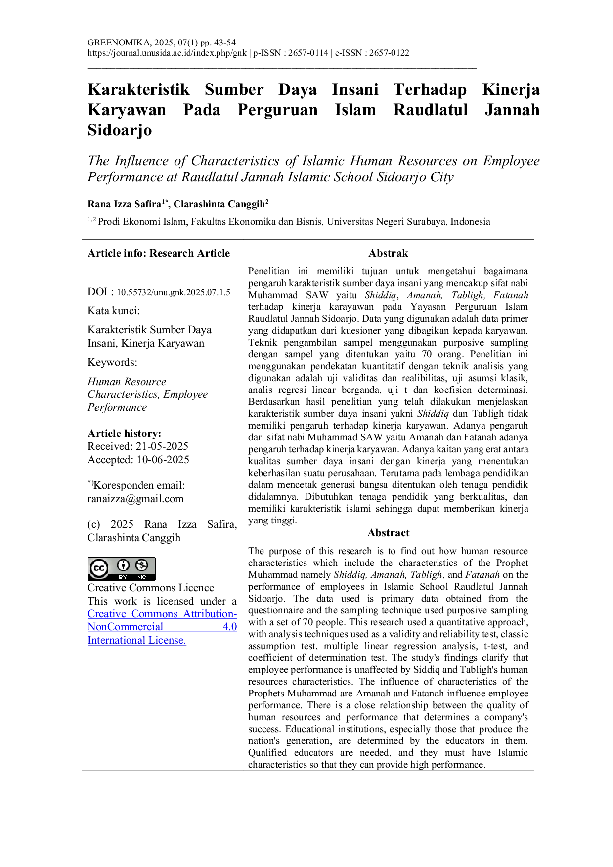 JURIS The Influence of Characteristics of Islamic Human Resources on Employee Performance at Raudlatul Jannah Islamic School Sidoarjo City