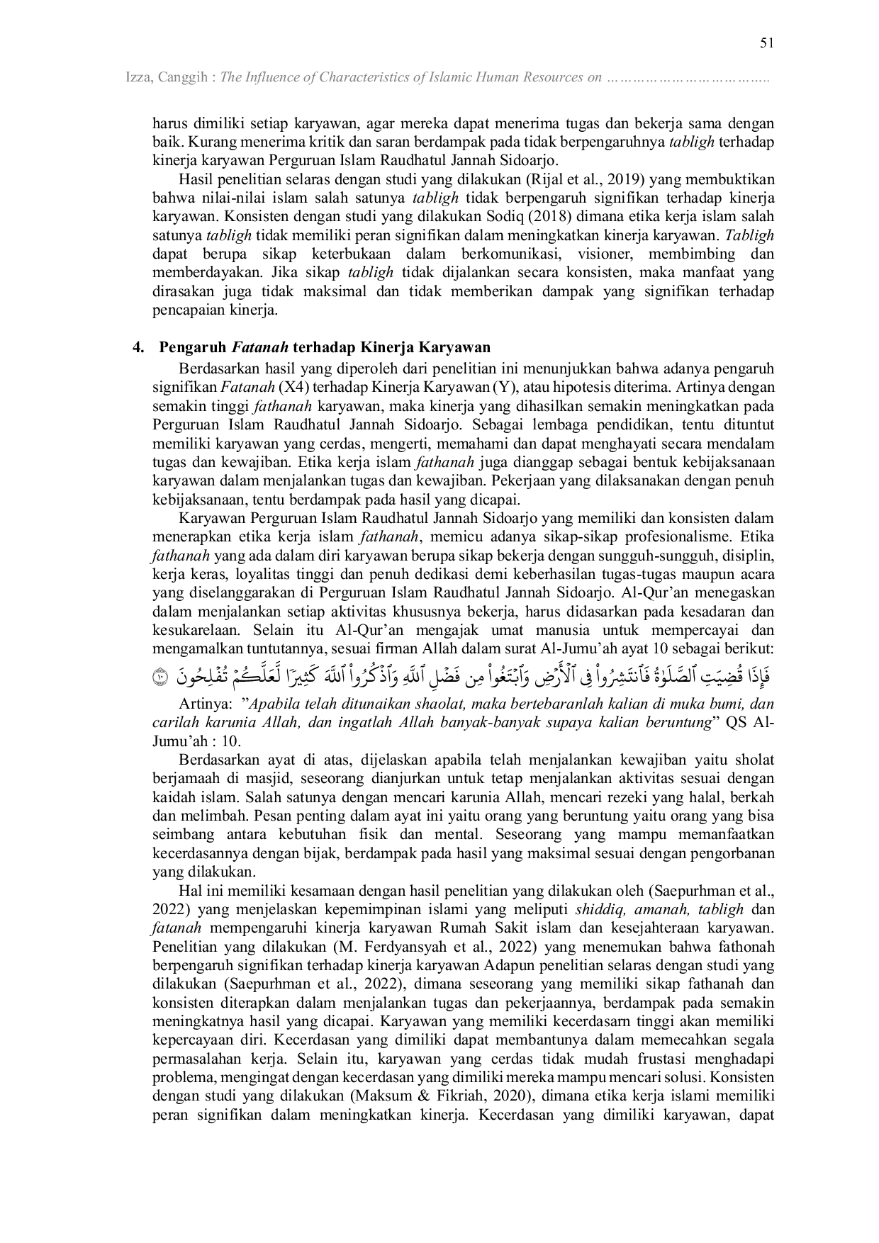 JURIS The Influence of Characteristics of Islamic Human Resources on Employee Performance at Raudlatul Jannah Islamic School Sidoarjo City