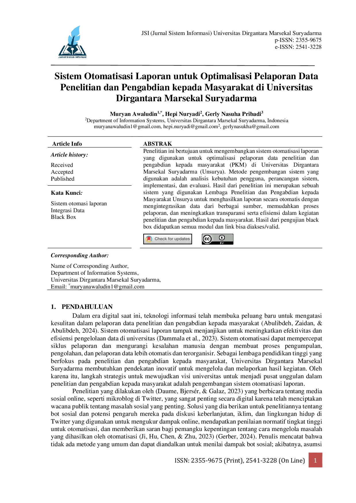 JURIS Sistem Otomatisasi Laporan untuk Optimalisasi Pelaporan Data Penelitian dan Pengabdian kepada Masyarakat di Universitas Dirgantara Marsekal Suryadarma