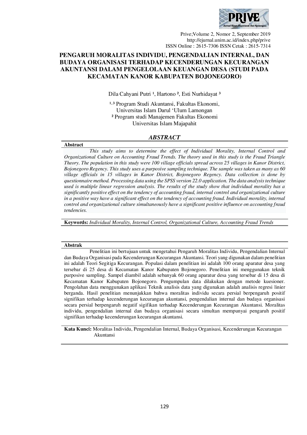 JURIS Pengaruh Moralitas Individu Pengendalian Internal dan Budaya Organisasi Terhadap Kecenderungan Kecurangan Akuntansi dalam Pengelolaan Keuangan Desa Studi Pada Kecamatan Kanor Kabupaten Bojonegoro