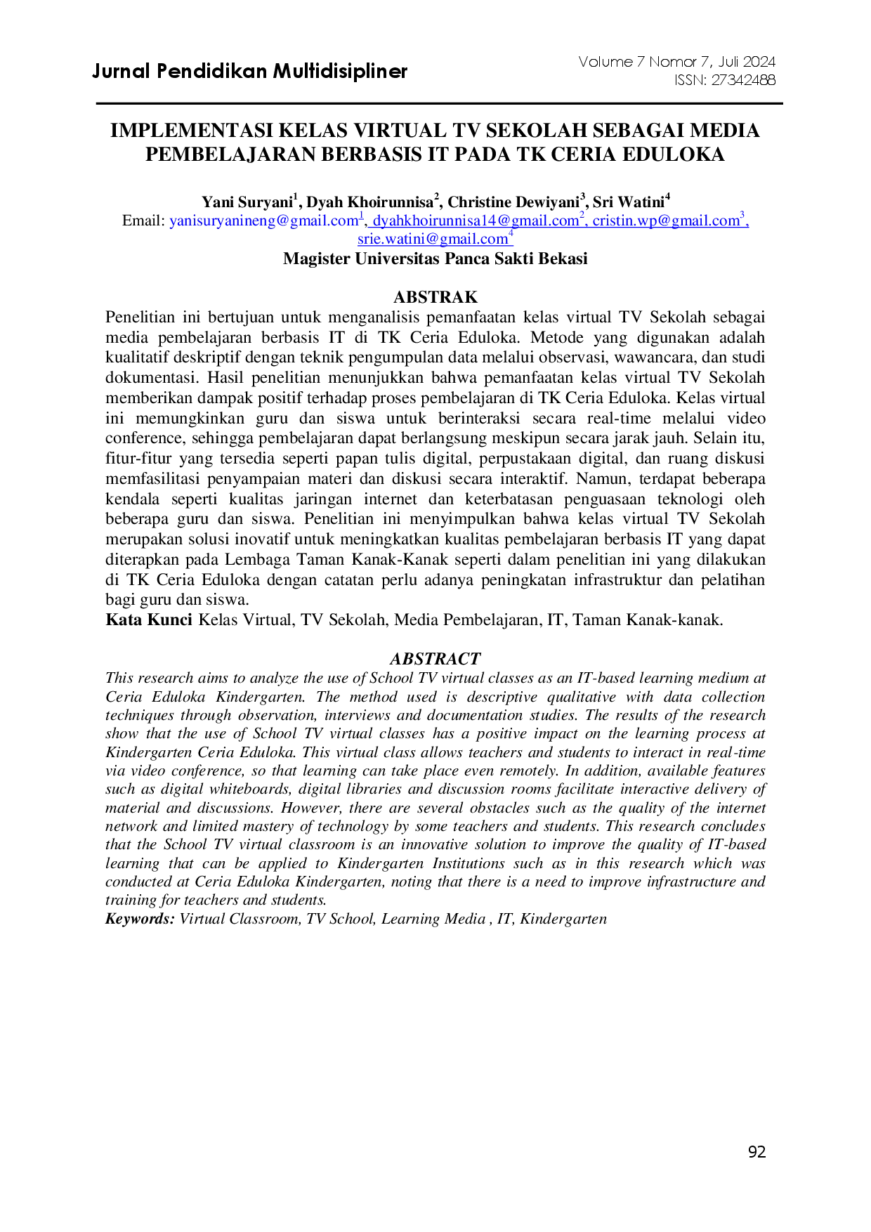 juris Implementasi Kelas Virtual TV Sekolah Sebagai Media Pembelajaran Berbasis IT Pada TK Ceria Eduloka