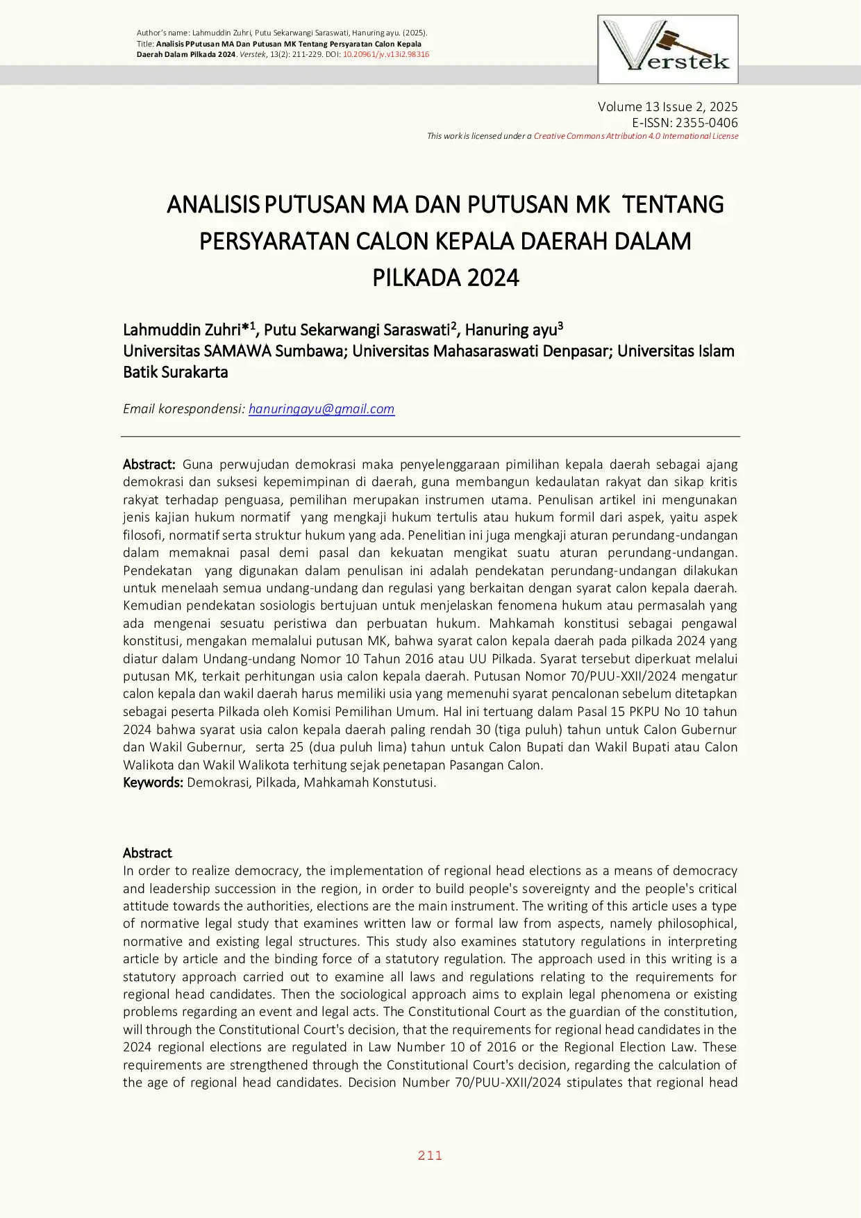 JURIS Analisis Putusan MA dan Putusan MK tentang Persyaratan Calon Kepala Daerah dalam Pilkada 2024