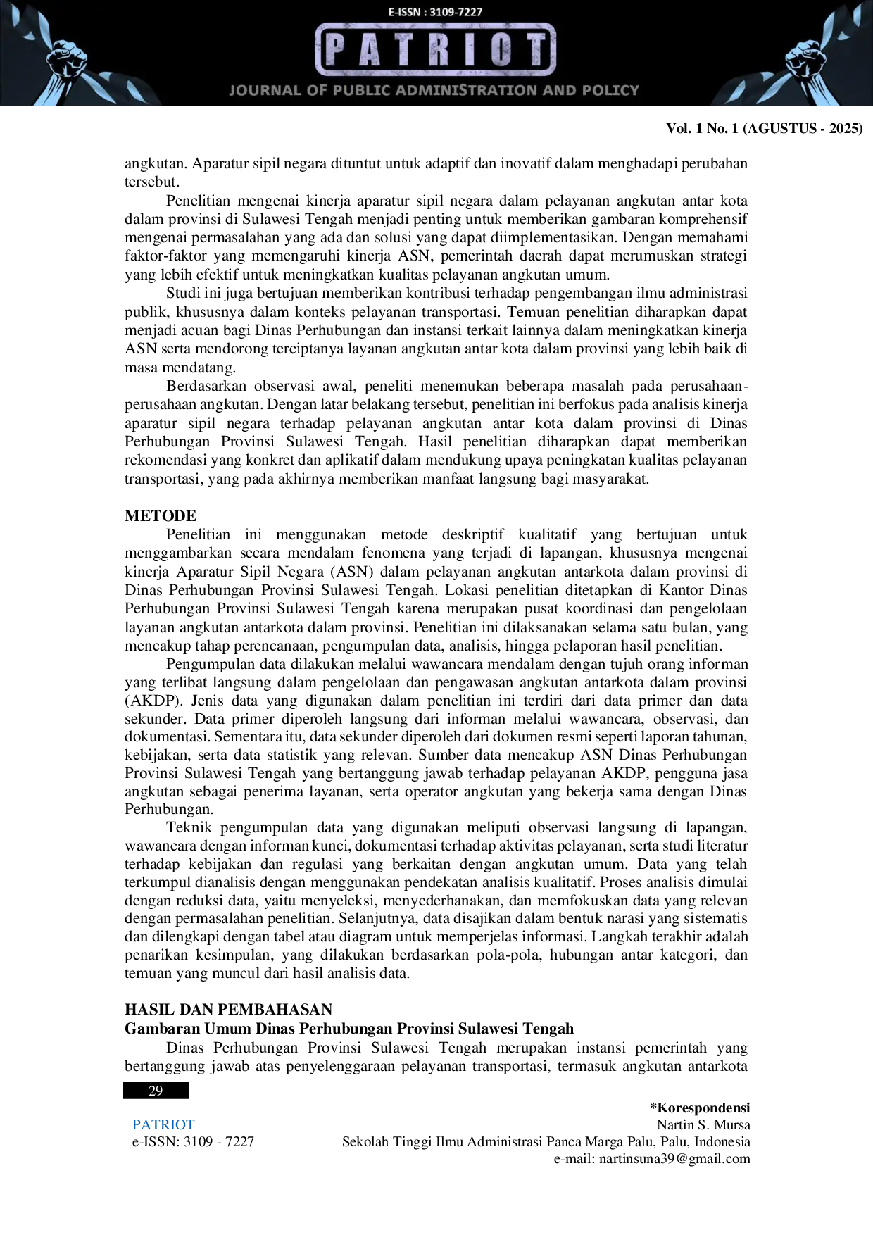 JURIS Kinerja Aparatur Sipil Negara Pada Layanan Angkutan Antar Kota Di Sulawesi Tengah