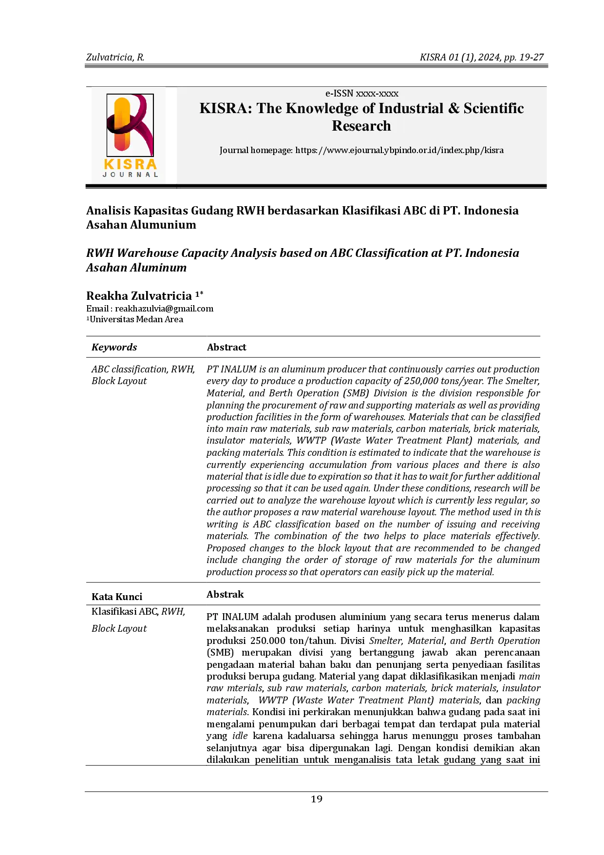 juris Analisis Kapasitas Gudang RWH berdasarkan Klasifikasi ABC di PT Indonesia Asahan Alumunium