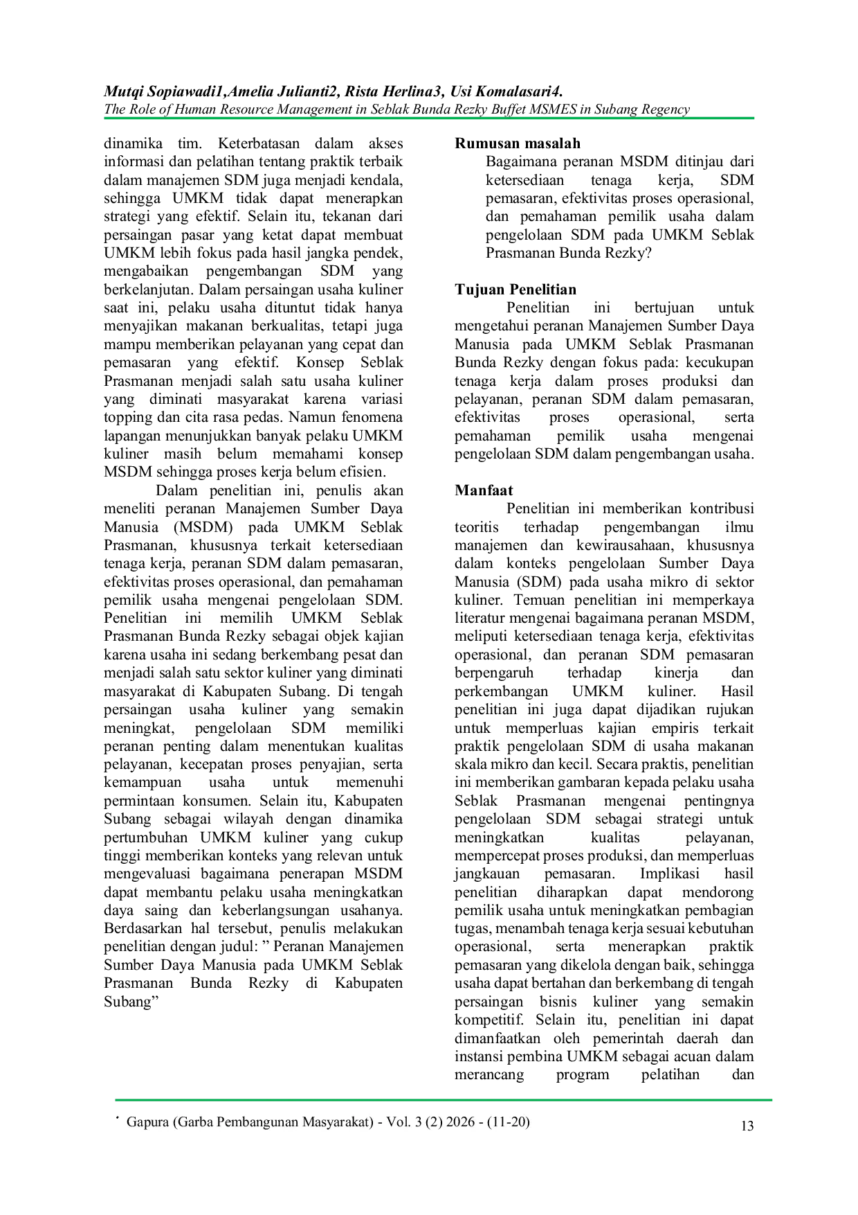 JURIS PERANAN MANAJEMEN SUMBER DAYA MANUSIA PADA UMKM SEBLAK PRASMANAN BUNDA REZKY DI KABUPATEN SUBANG Studi Kasus UMKM Kuliner di Kabupaten Subang