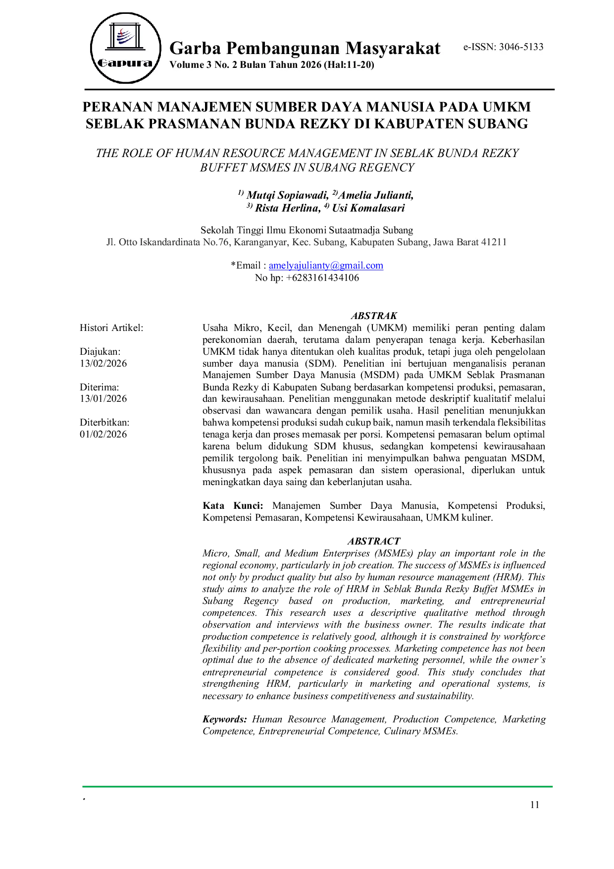 JURIS PERANAN MANAJEMEN SUMBER DAYA MANUSIA PADA UMKM SEBLAK PRASMANAN BUNDA REZKY DI KABUPATEN SUBANG Studi Kasus UMKM Kuliner di Kabupaten Subang