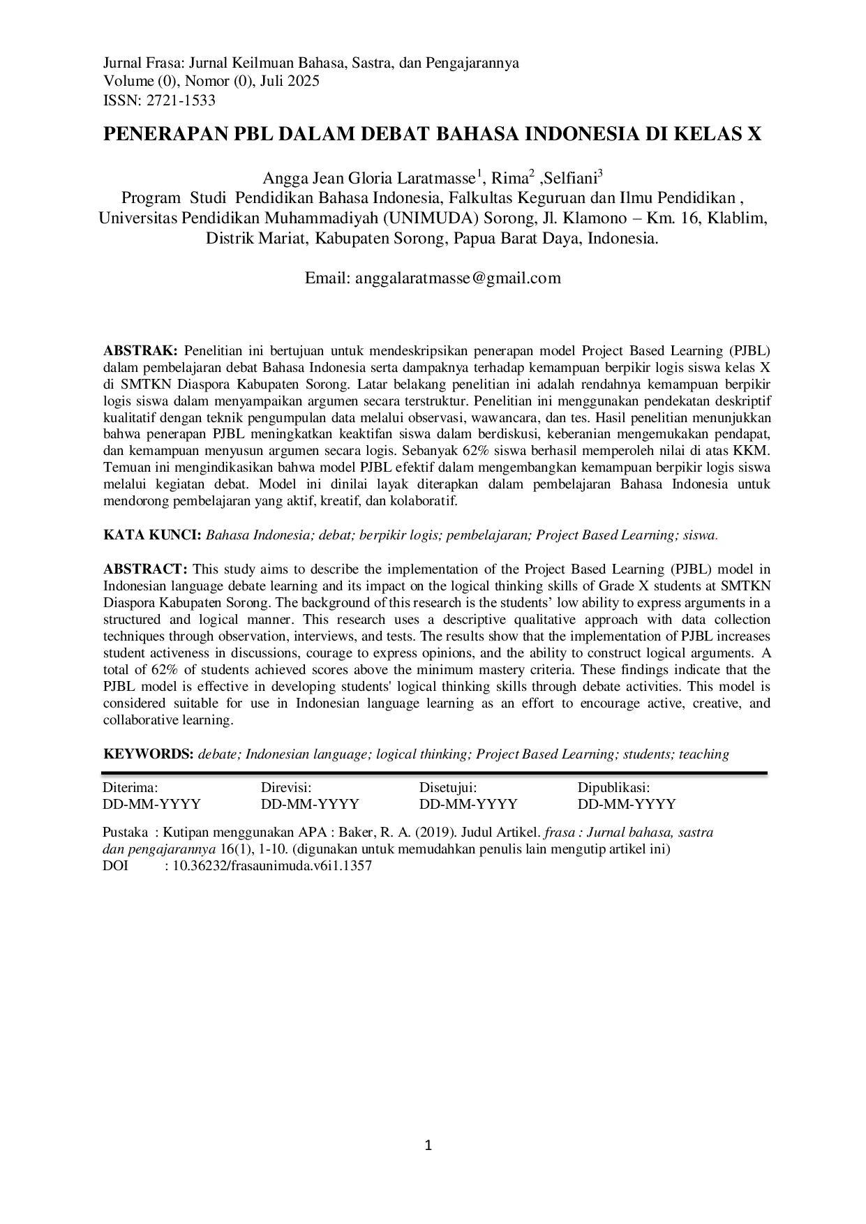 JURIS Penerapan PBL Dalam Debat Bahasa Indonesia Di Kelas X