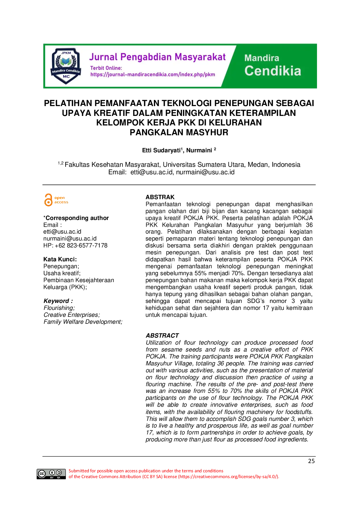 JURIS Pelatihan Pemanfaatan Teknologi Penepungan sebagai Upaya Kreatif dalam Peningkatan Keterampilan Kelompok Kerja PKK di Kelurahan Pangkalan Masyhur