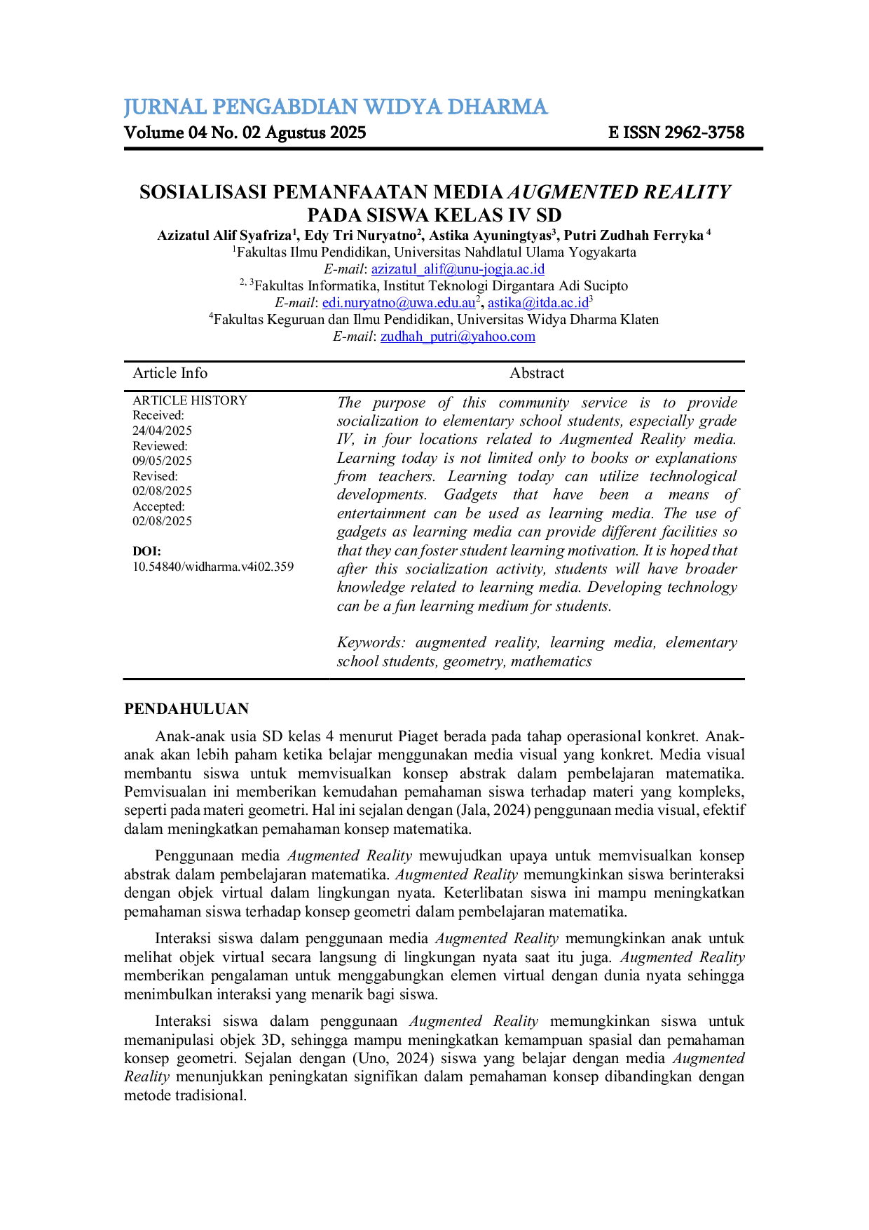 JURIS Sosialisasi Pemanfaatan Media Augmented Reality pada Siswa Kelas IV SD