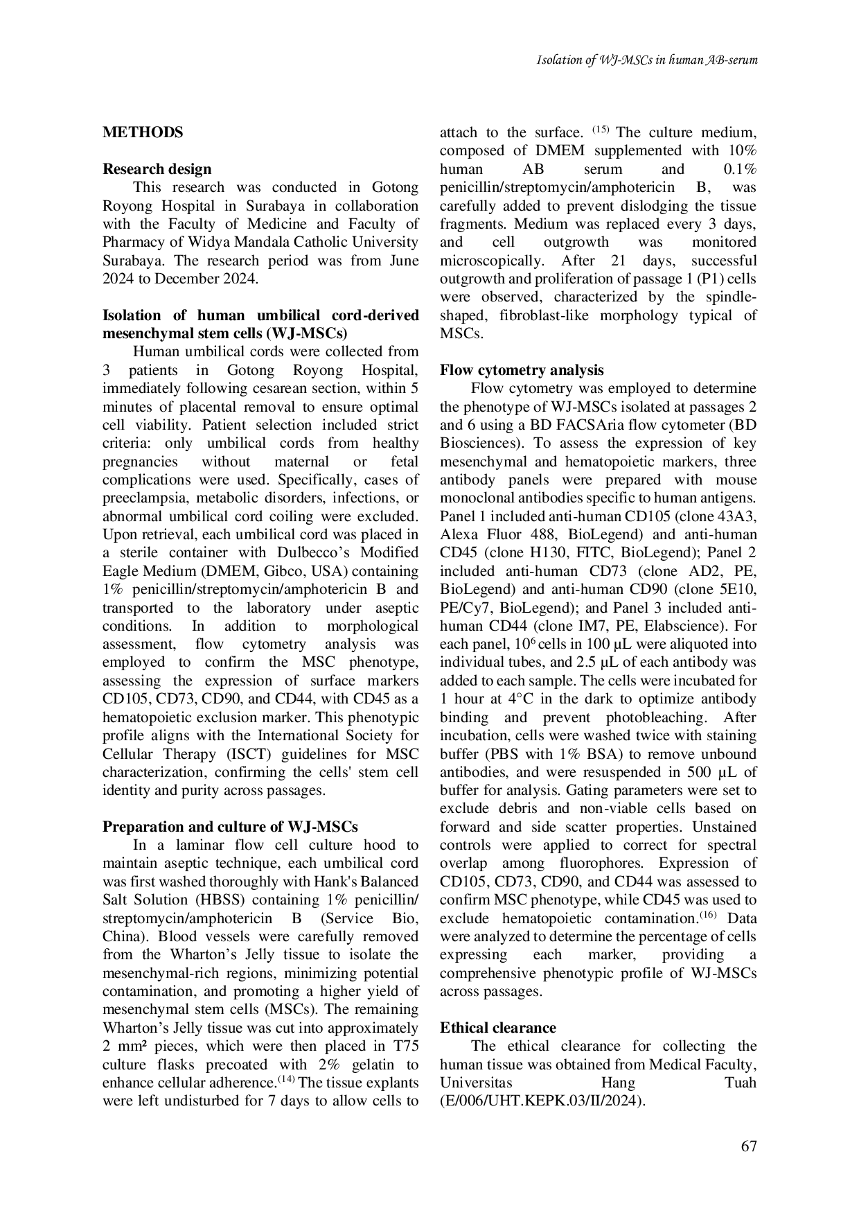 JURIS Rapid isolation and characterization of Wharton s jelly derived mesenchymal stem cells maintained in fresh prepared human AB serum