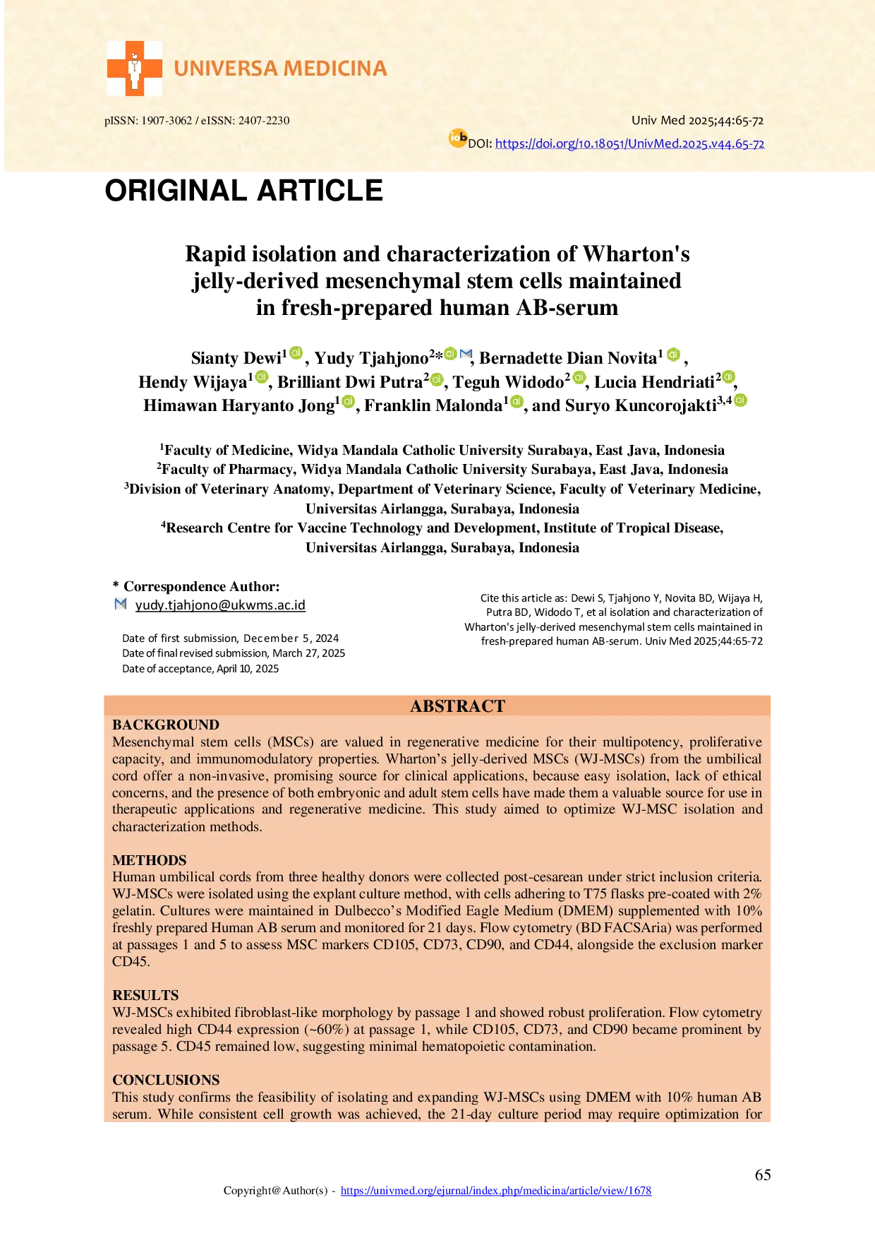 JURIS Rapid isolation and characterization of Wharton s jelly derived mesenchymal stem cells maintained in fresh prepared human AB serum