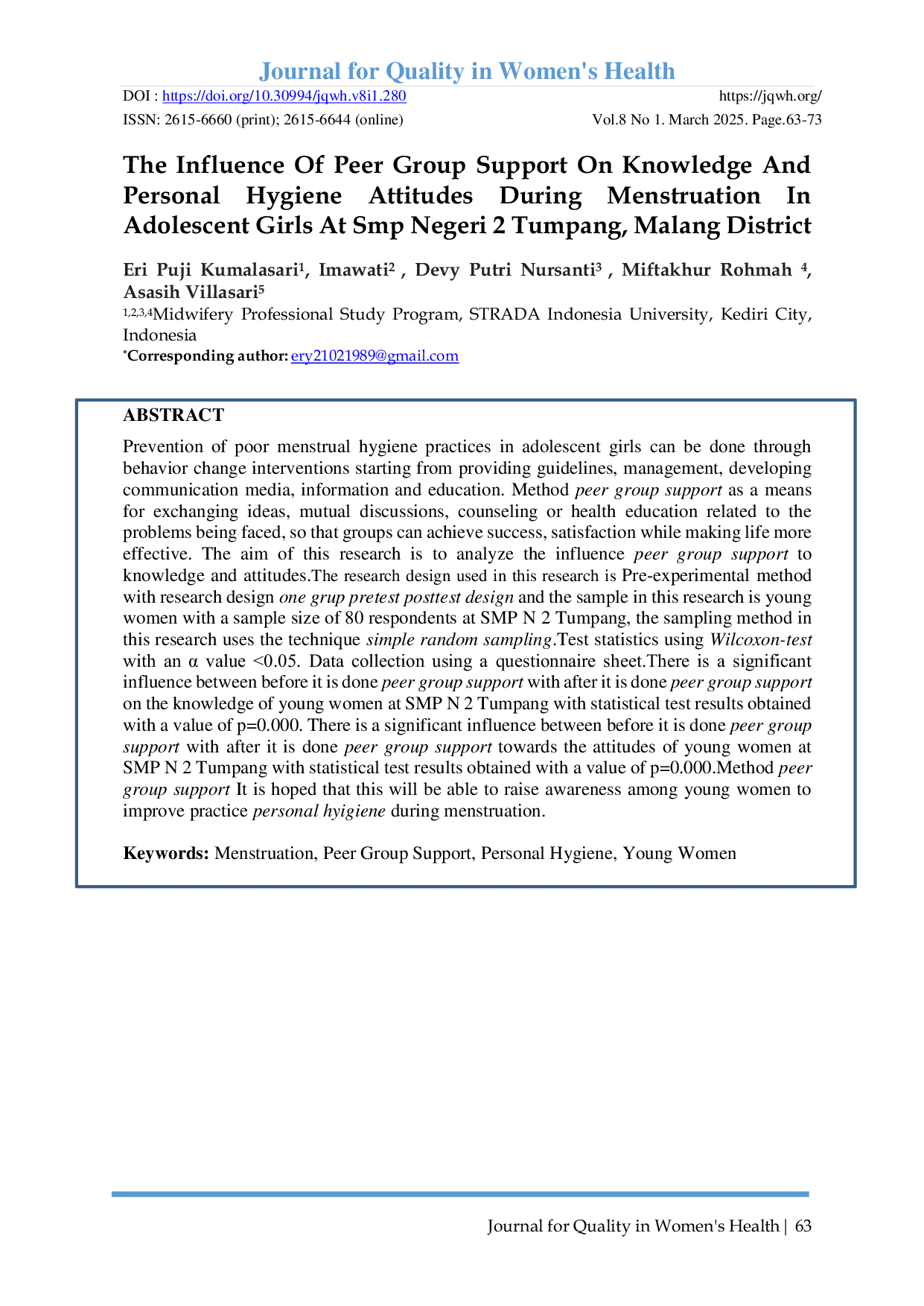JURIS The Influence Of Peer Group Support On Knowledge And Personal Hygiene Attitudes During Menstruation In Adolescent Girls At Smp Negeri 2 Tumpang Malang District