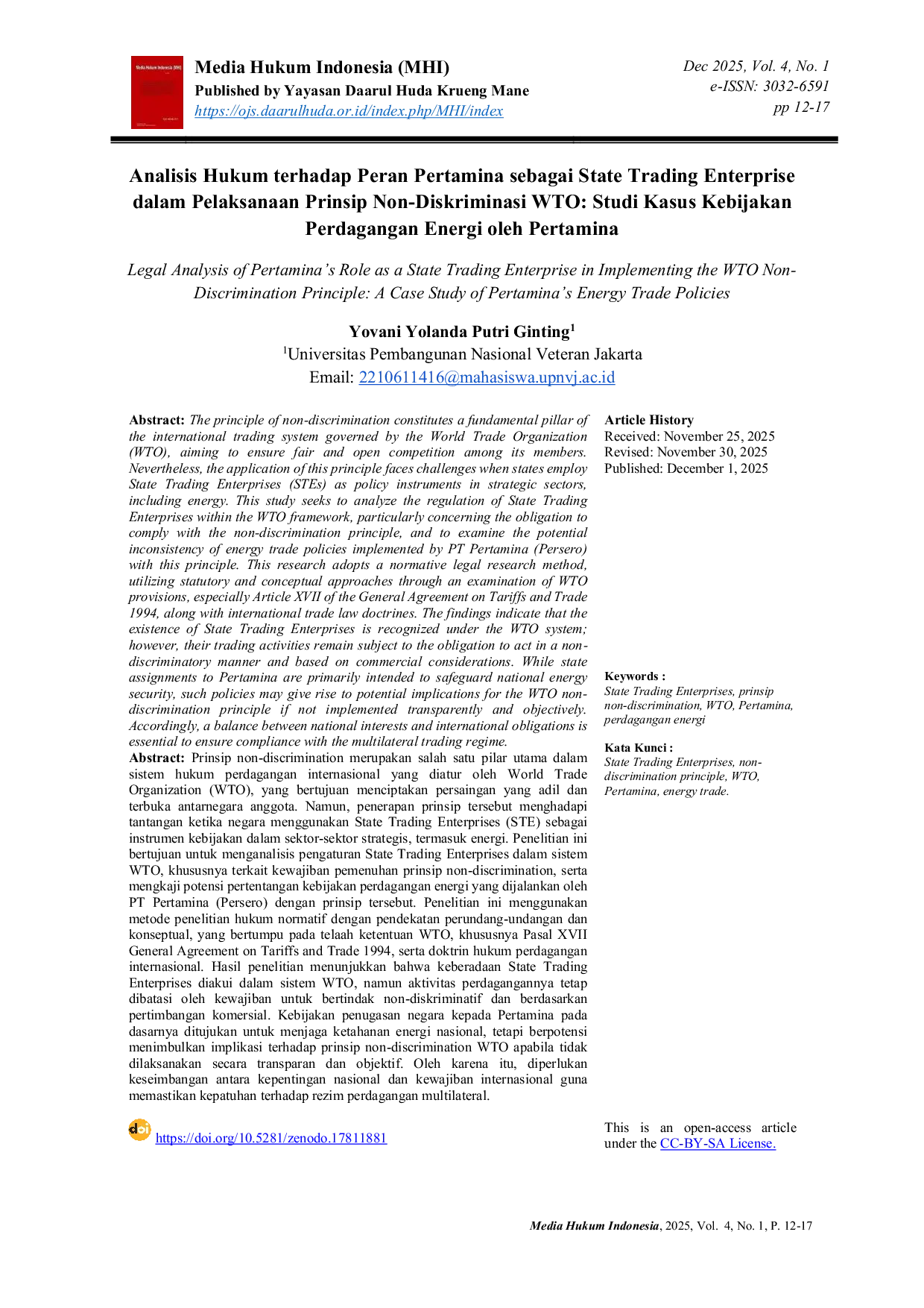 JURIS Analisis Hukum terhadap Peran Pertamina sebagai State Trading Enterprise dalam Pelaksanaan Prinsip Non Diskriminasi WTO Studi Kasus Kebijakan Perdagangan Energi oleh Pertamina