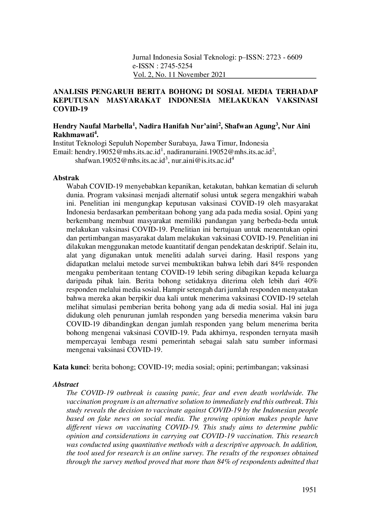 JURIS Analisis Pengaruh Berita Bohong di Sosial Media Terhadap Keputusan Masyarakat Indonesia Melakukan Vaksinasi Covid 19