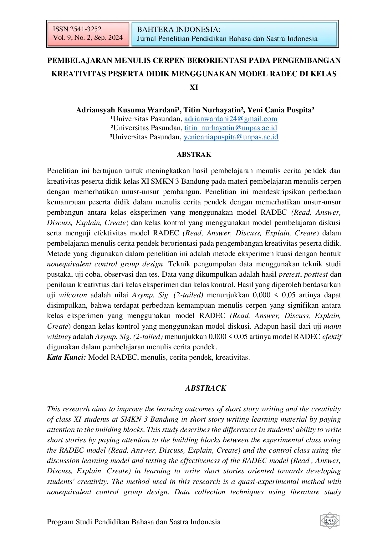 JURIS Pembelajaran Menulis Cerpen Berorientasi Pada Pengembangan Kreativitas Peserta Didik Menggunakan Model Radec Di Kelas Xi