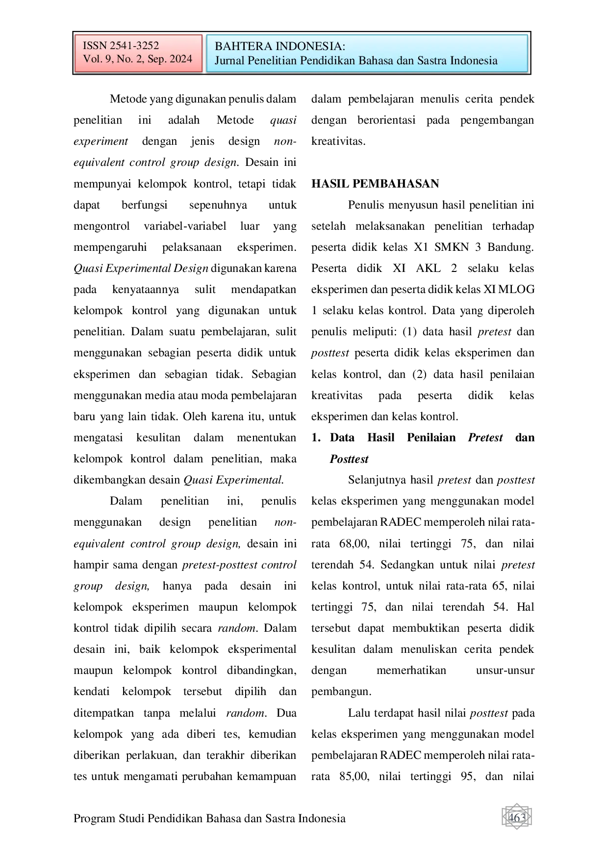 JURIS Pembelajaran Menulis Cerpen Berorientasi Pada Pengembangan Kreativitas Peserta Didik Menggunakan Model Radec Di Kelas Xi