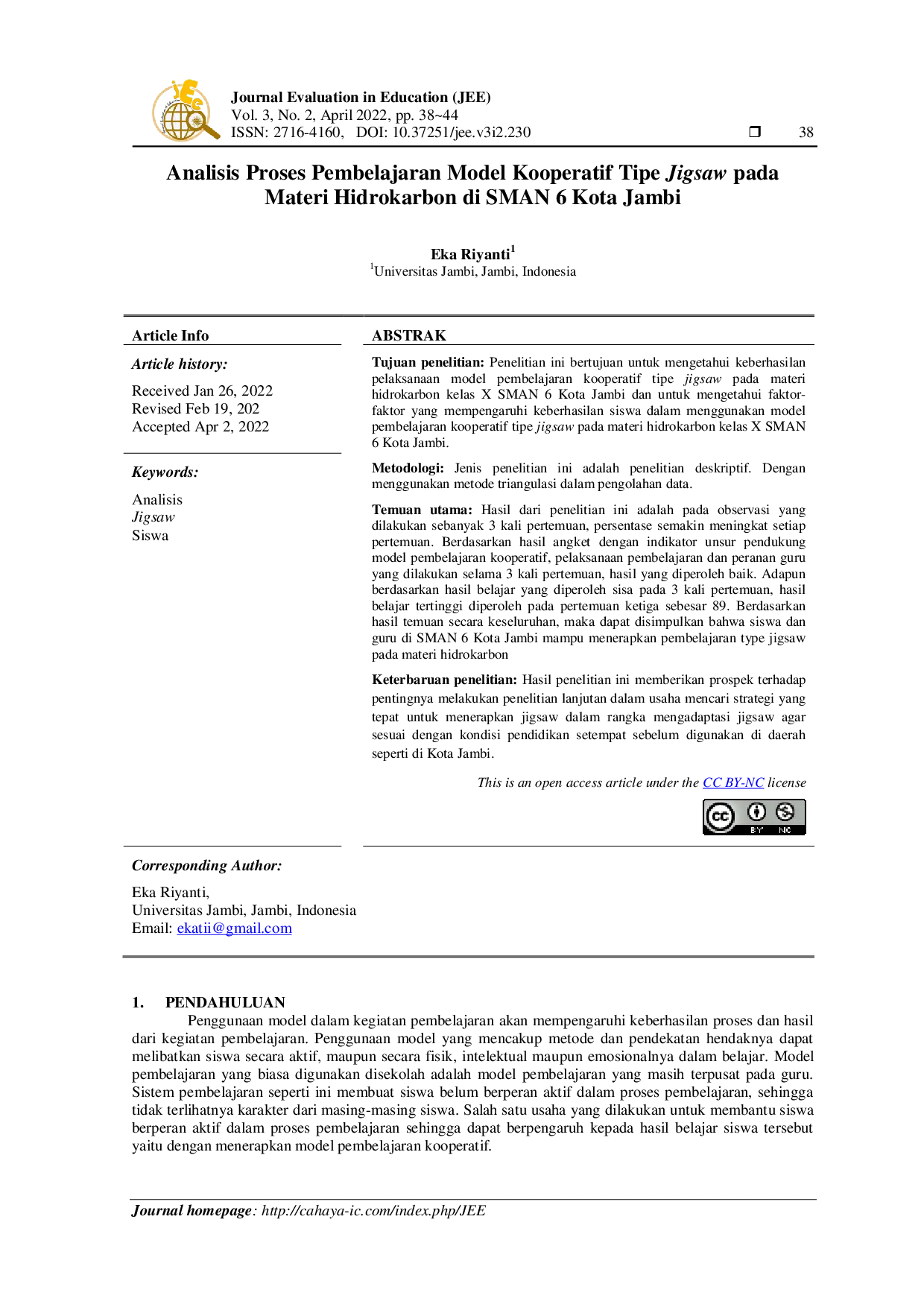 JURIS Analisis Proses Pembelajaran Model Kooperatif Tipe Jigsaw pada Materi Hidrokarbon di SMAN 6 Kota Jambi