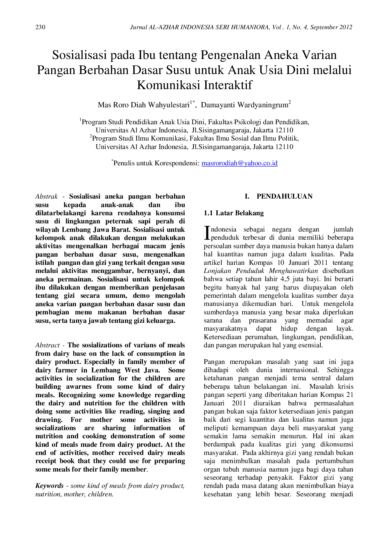 JURIS Sosialisasi pada Ibu tentang Pengenalan Aneka Varian Pangan Berbahan Dasar Susu untuk Anak Usia Dini melalui Komunikasi Interaktif