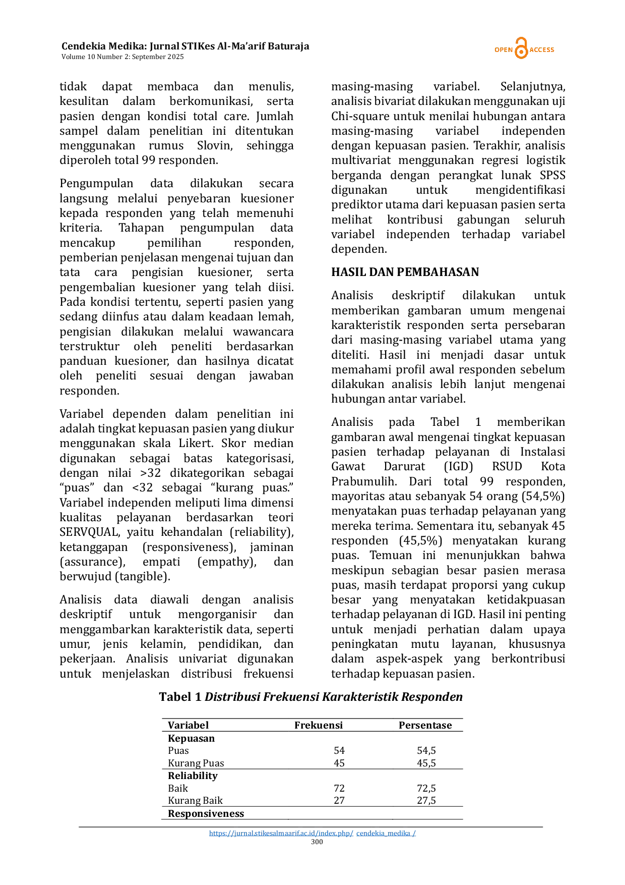 JURIS Analysis Of Patient Satisfaction With Emergency Services At Prabumulih City Hospital