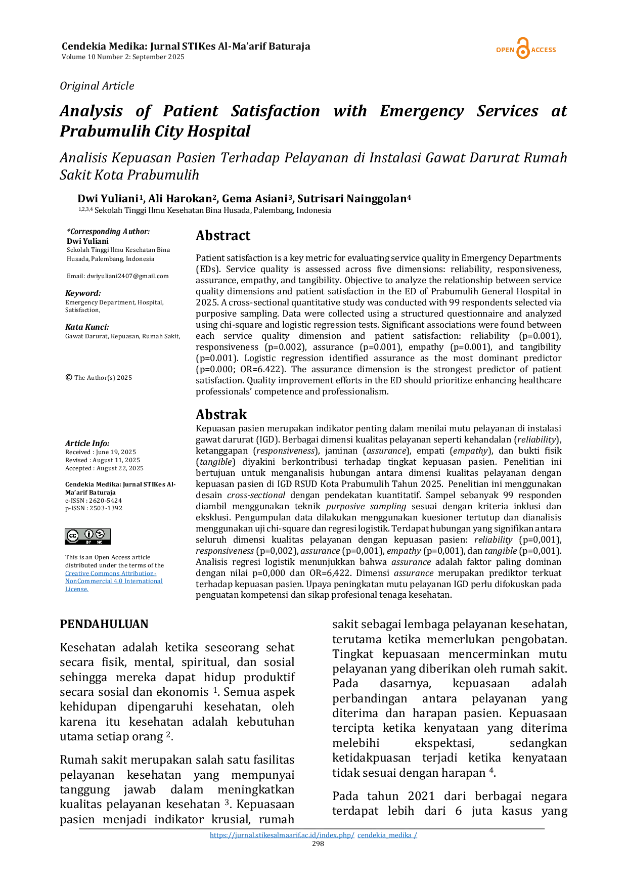 JURIS Analysis Of Patient Satisfaction With Emergency Services At Prabumulih City Hospital