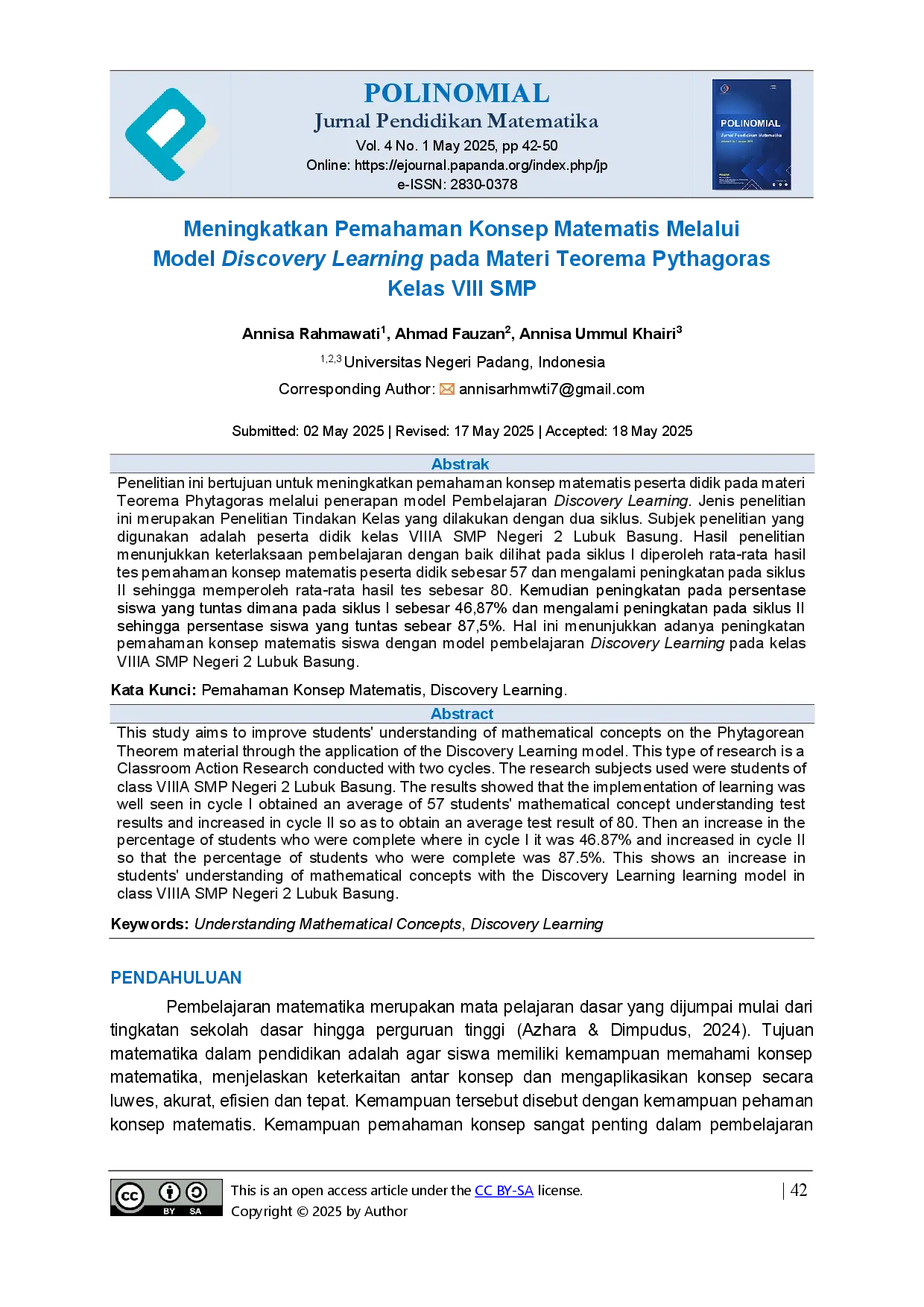 juris Meningkatkan Pemahaman Konsep Matematis Melalui Model Discovery Learning pada Materi Teorema Pythagoras Kelas VIII SMP