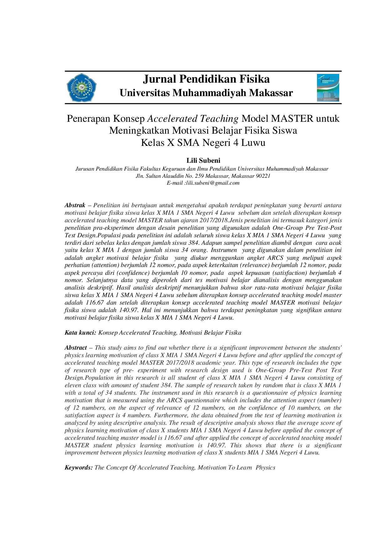 juris Penerapan Konsep Accelerated Teaching Model MASTER untuk Meningkatkan Motivasi Belajar Fisika Siswa Kelas X SMA Negeri 4 Luwu