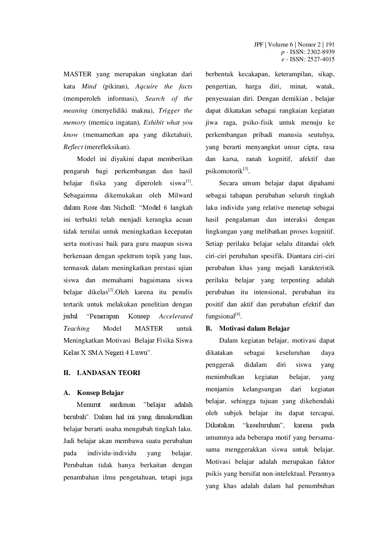 juris Penerapan Konsep Accelerated Teaching Model MASTER untuk Meningkatkan Motivasi Belajar Fisika Siswa Kelas X SMA Negeri 4 Luwu