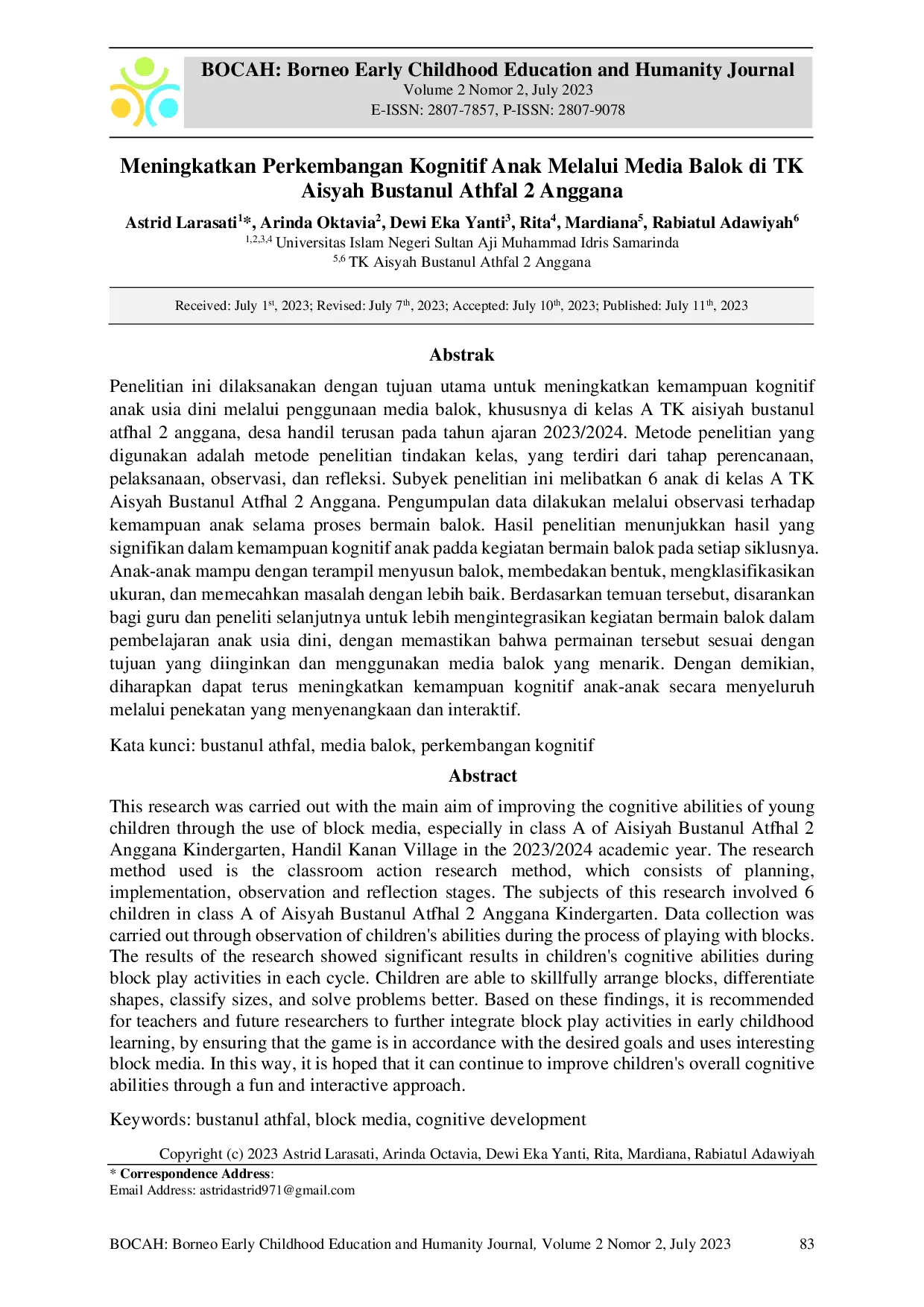 JURIS Meningkatkan Perkembangan Kognitif Anak Melalui Media Balok di TK Aisyah Bustanul Athfal 2 Anggana