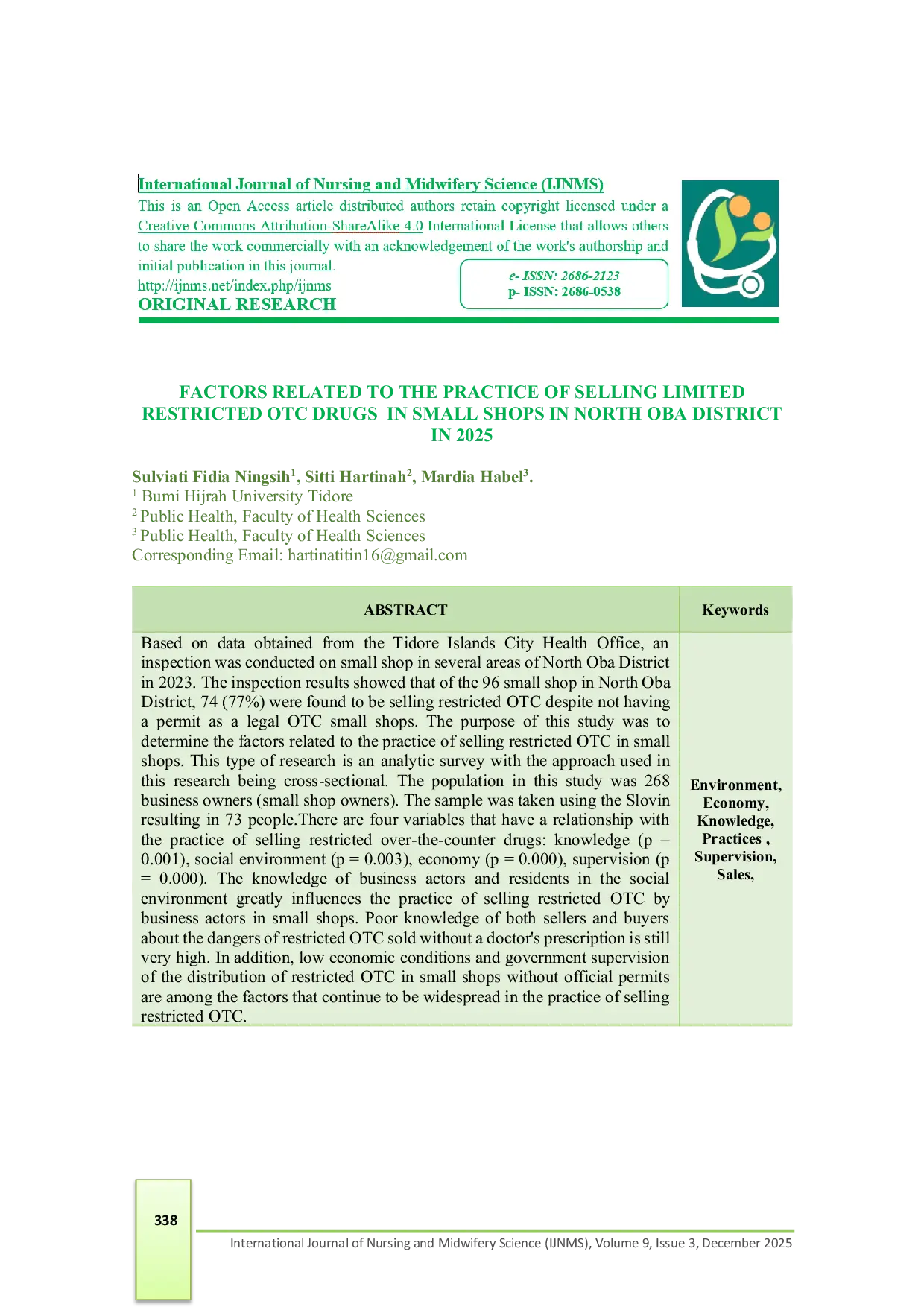 JURIS Factors Related to the Practice of Selling Limited Restricted OTC Drugs in Small Shops in North Oba District in 2025