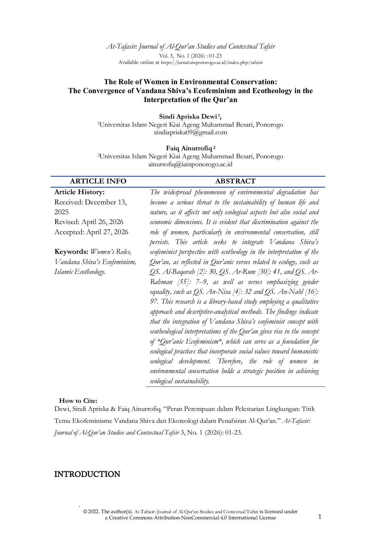 JURIS The Role of Women in Environmental Conservation The Convergence of Vandana Shiva s Ecofeminism and Ecotheology in the Interpretation of the Qur an