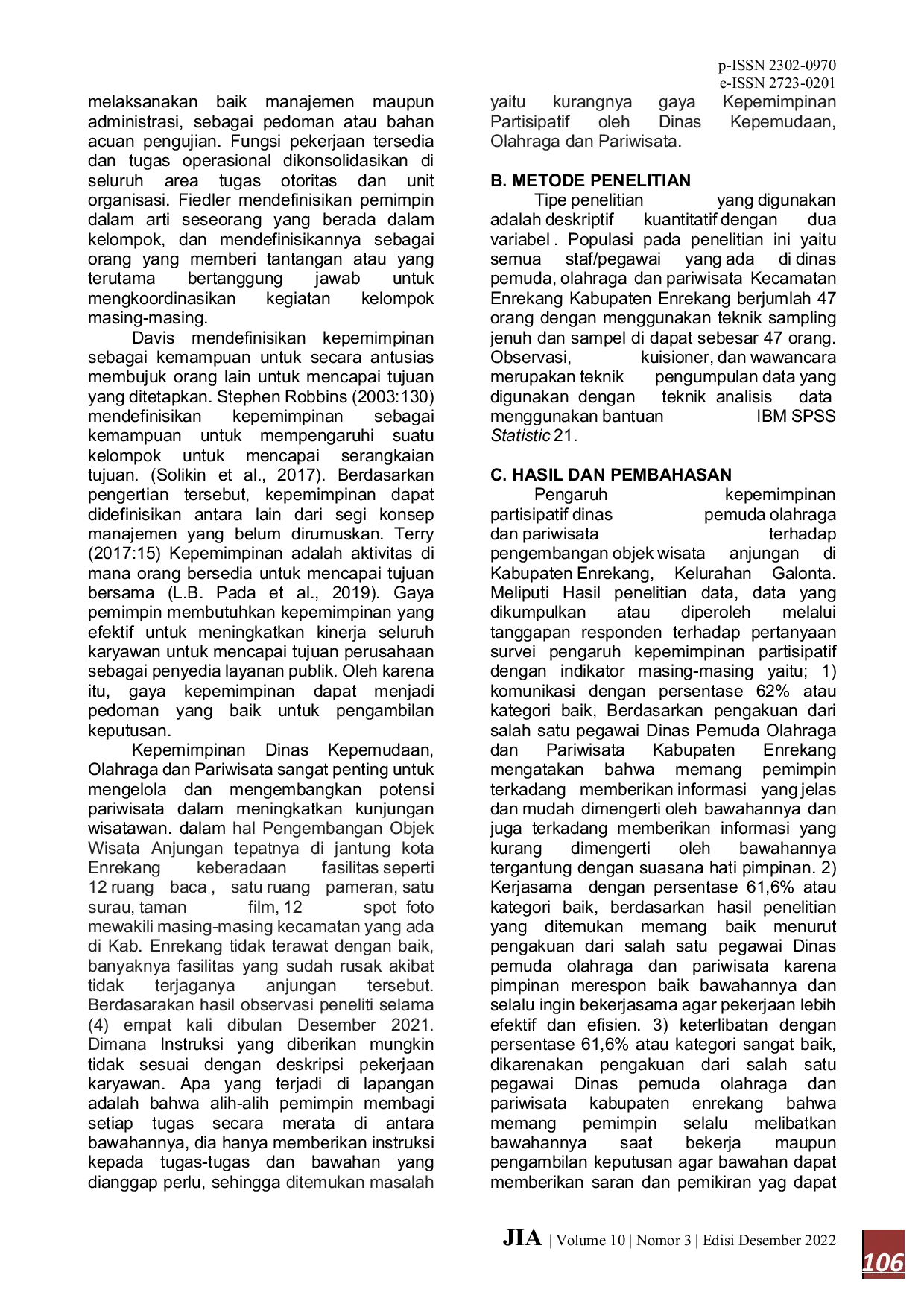 JURIS Pengaruh Kepemimpinan Partisipatif Dinas Pemuda Olahraga Dan Pariwisata Terhadap Pengembangan Objek Wisata Anjungan Kabupaten Enrekang