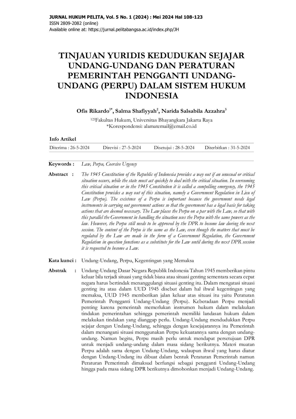 JURIS Tinjauan Yuridis Kedudukan Sejajar Undang Undang Dan Peraturan Pemerintah Pengganti Undang Undang PERPU Dalam Sistem Hukum Indonesia