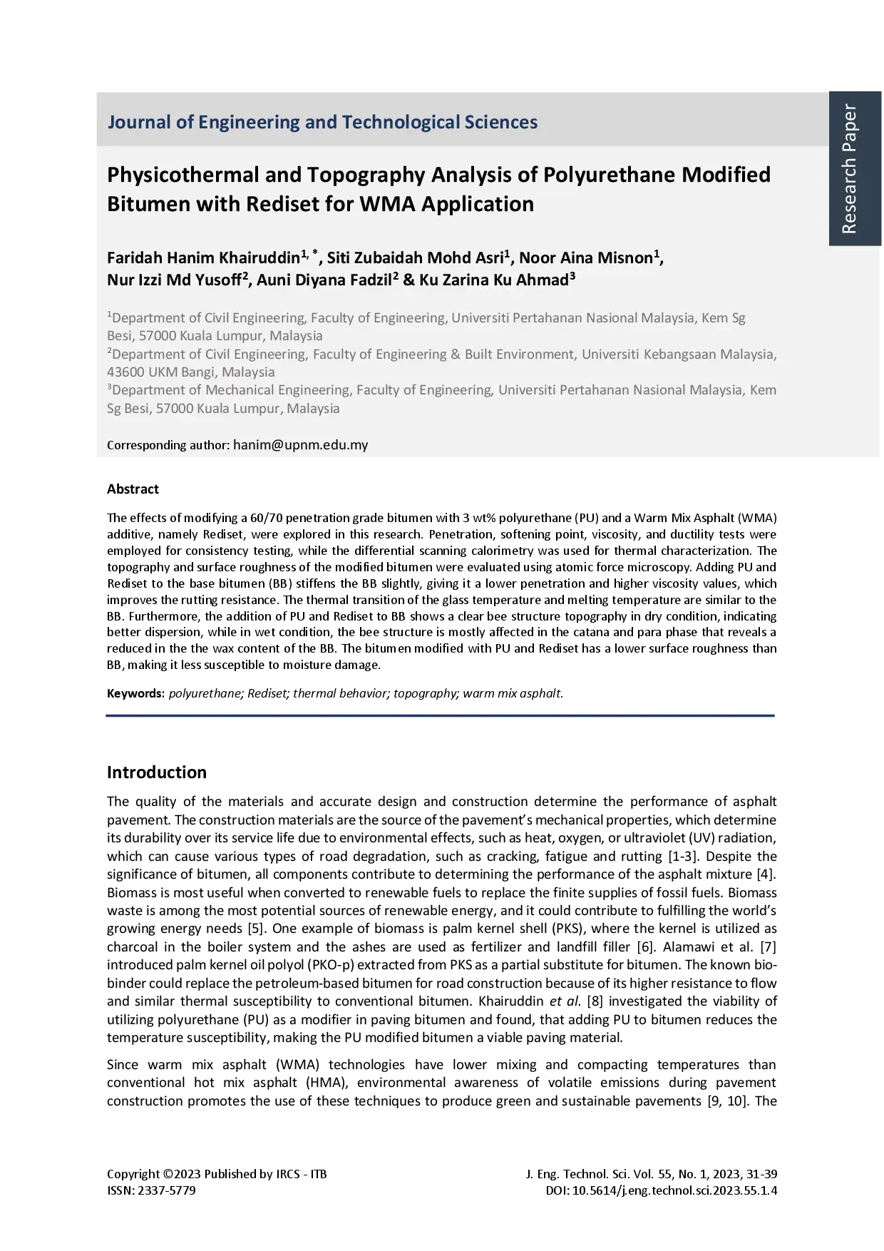 juris Physicothermal and Topography Analysis of Polyurethane Modified Bitumen with Rediset for WMA Application