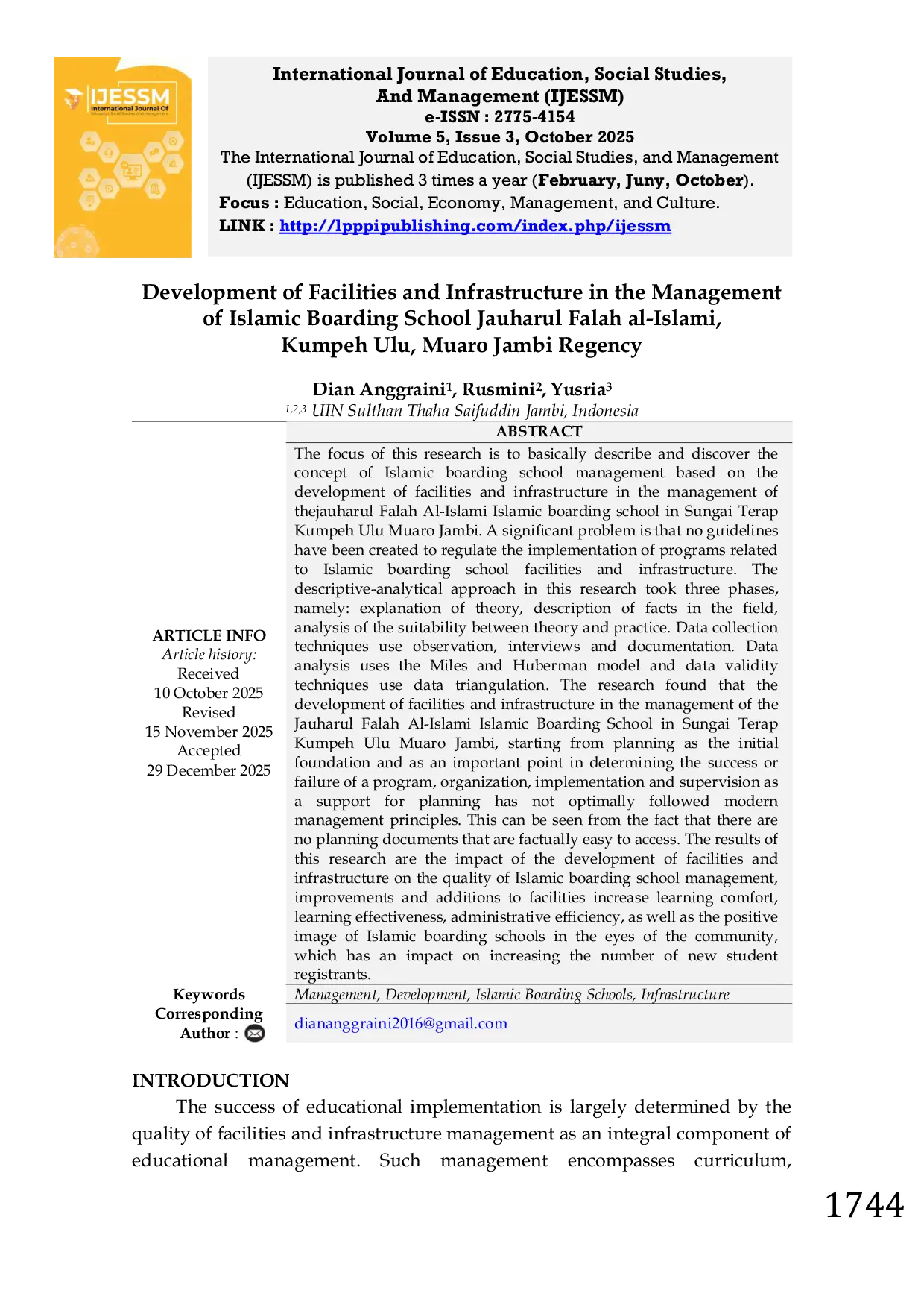 JURIS Development of Facilities and Infrastructure in the Management of Islamic Boarding School Jauharul Falah al Islami Kumpeh Ulu Muaro Jambi Regency